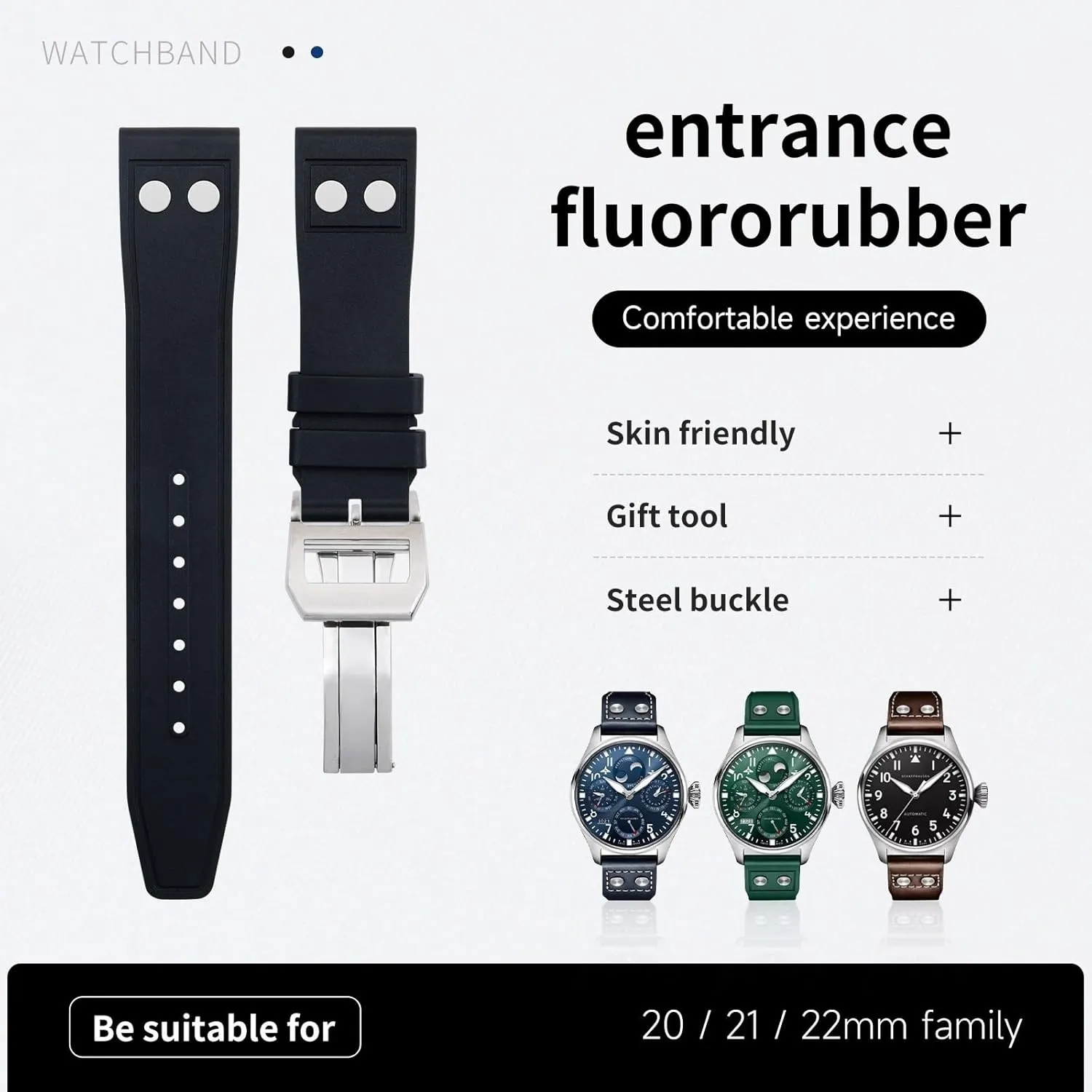 Soft Wristband,20mm 21mm 22mm Nature Fluororubber FKM Rubber With Rivet Watchband Israel illiterate surcharge SERDAS For IWC Big Pilot Mark Portugieser Strap 