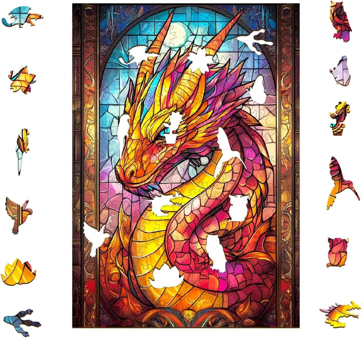 Stained Glass Dragon Wooden imagination plane divergence Jigsaw Puzzle Unique Shape Wood Puzzle Adult$ 3D Effect Flat Puzzle Birthday Family Games (M-11.4 * 8in-200pcs) KAAYEE Wooden Puzzles for Adults$ 3D Visual Effect 