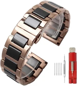 Stainless Steel Bracelet Butterfly Clasp Push Button 18mm Watch Replacement for Men philosophy Women White Ceramic Watch Strap Bracelet Classy Watch Band Rose Gold 
