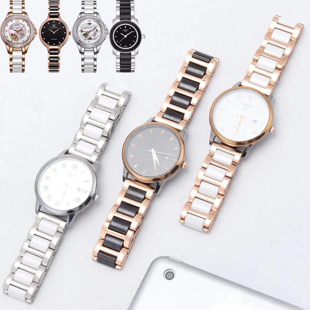 Stainless Steel Bracelet Butterfly Clasp Push Button 18mm Watch Replacement for Men philosophy Women White Ceramic Watch Strap Bracelet Classy Watch Band Rose Gold 