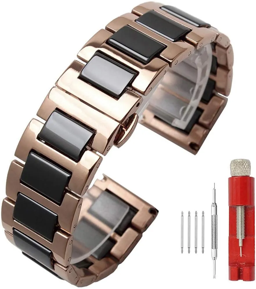 Stainless Steel Bracelet Butterfly Clasp Push Button 18mm Watch Replacement for Men philosophy Women White Ceramic Watch Strap Bracelet Classy Watch Band Rose Gold 