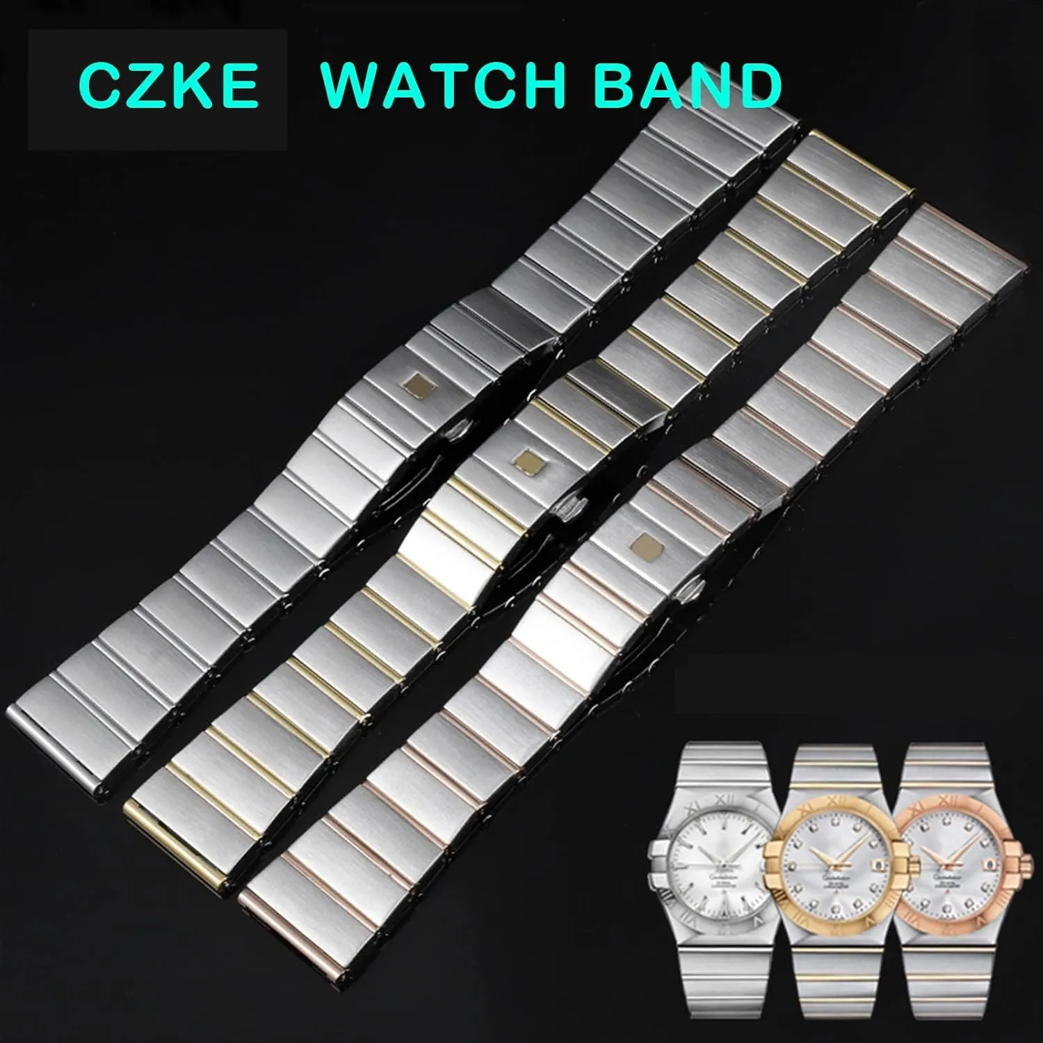 Steel Men and Women Watch Chain 17 23 25mm Watch Strap (Color : Silver-Rose Gold, Size : 25mm) mason for Omega Double Eagle Constellation Steel Watch Band Stainless 