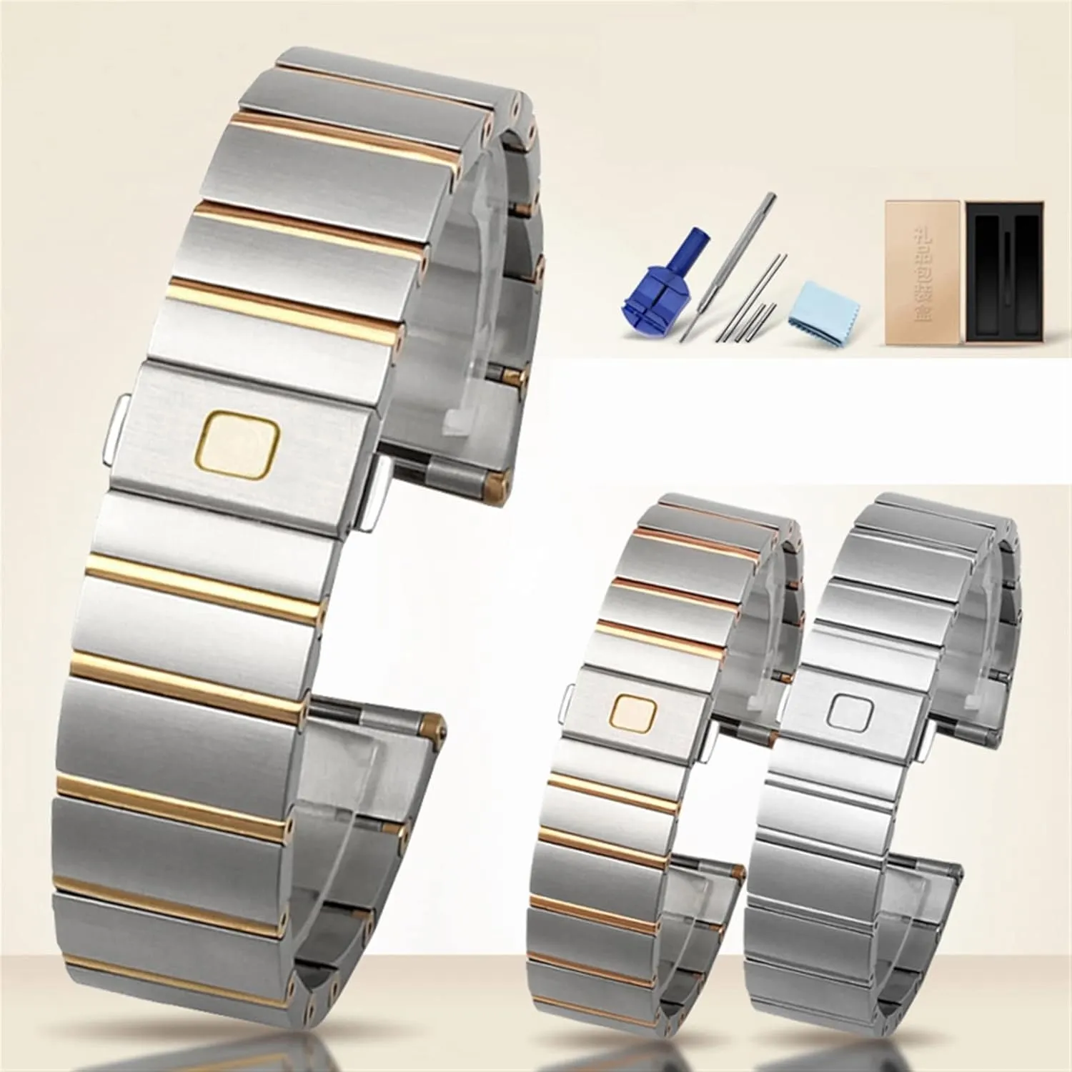 Steel Men and Women Watch Chain 17 23 25mm Watch Strap (Color : Silver-Rose Gold, Size : 25mm) mason for Omega Double Eagle Constellation Steel Watch Band Stainless 