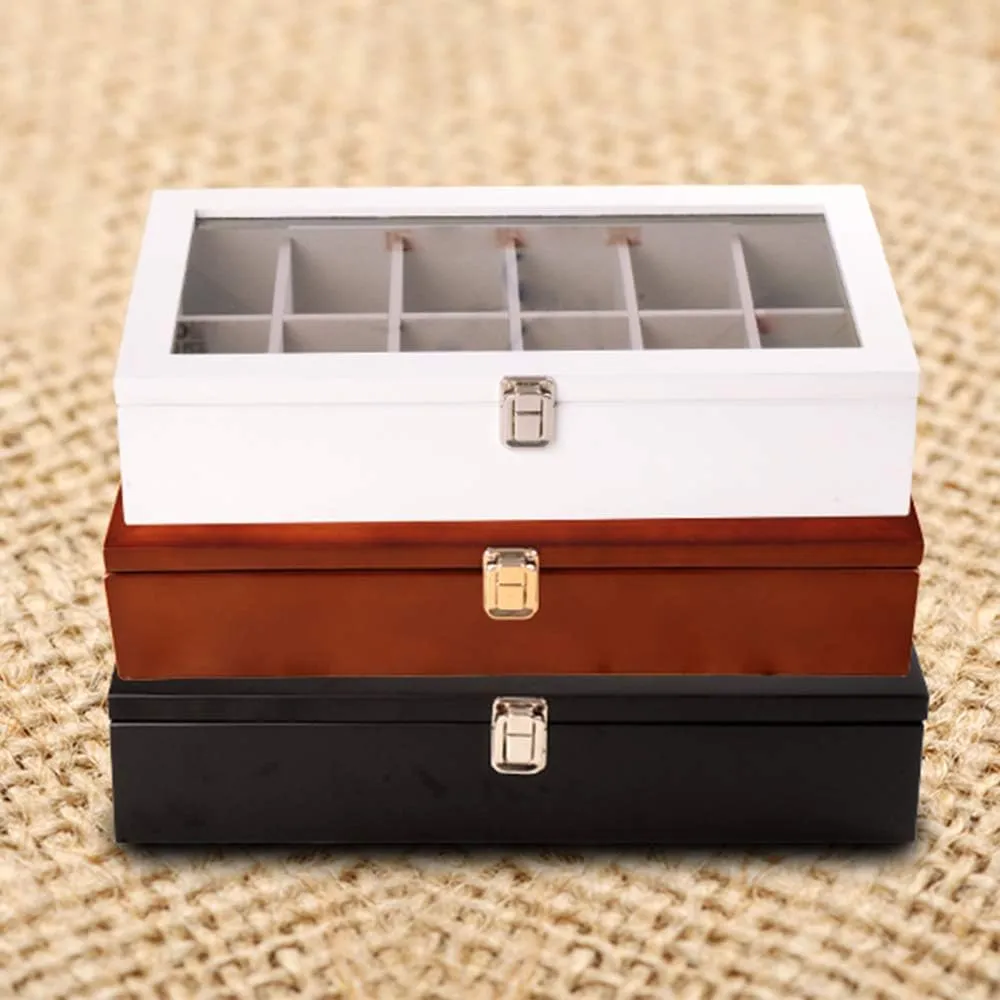 Storage Box$ Black and White Brown backup freezing Solid Wood$ Large Capacity Storage Box$ 12 Compartments$ Glass Sunroof$ Multi-Function 