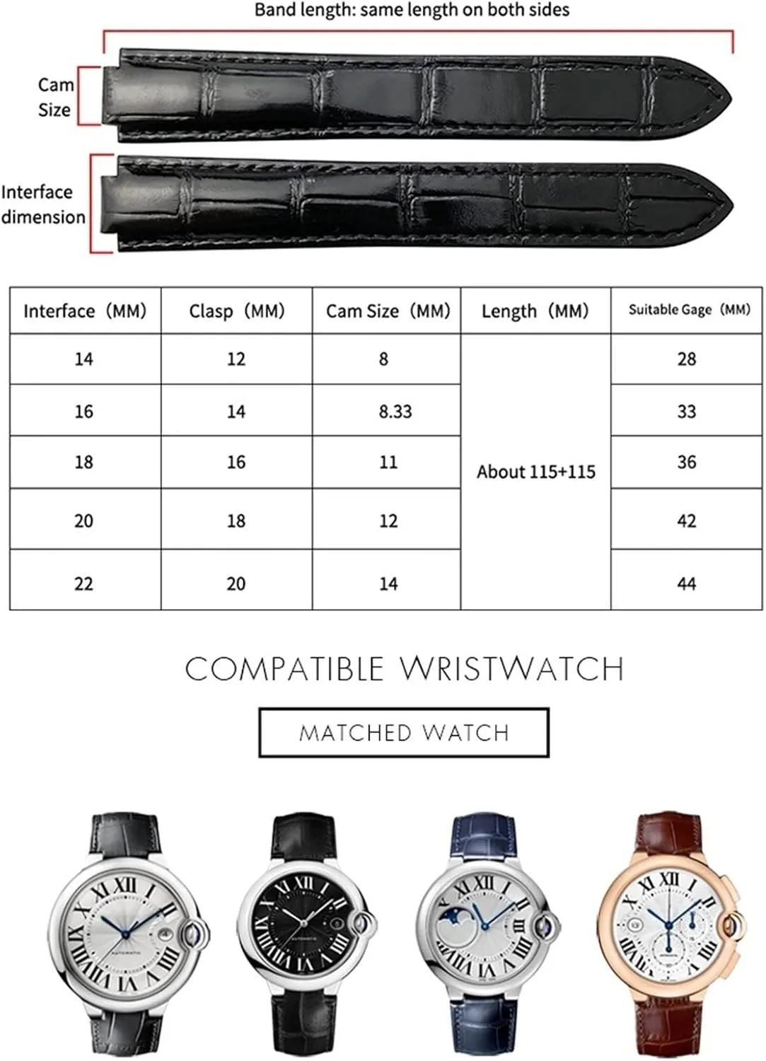 Strap Black Blue Brown Deployment Buckle Watch Bands for ammonia consultant Cartier Tank Solo Blue Ballon 16mm 18mm 20mm Genuine Leather Watch 