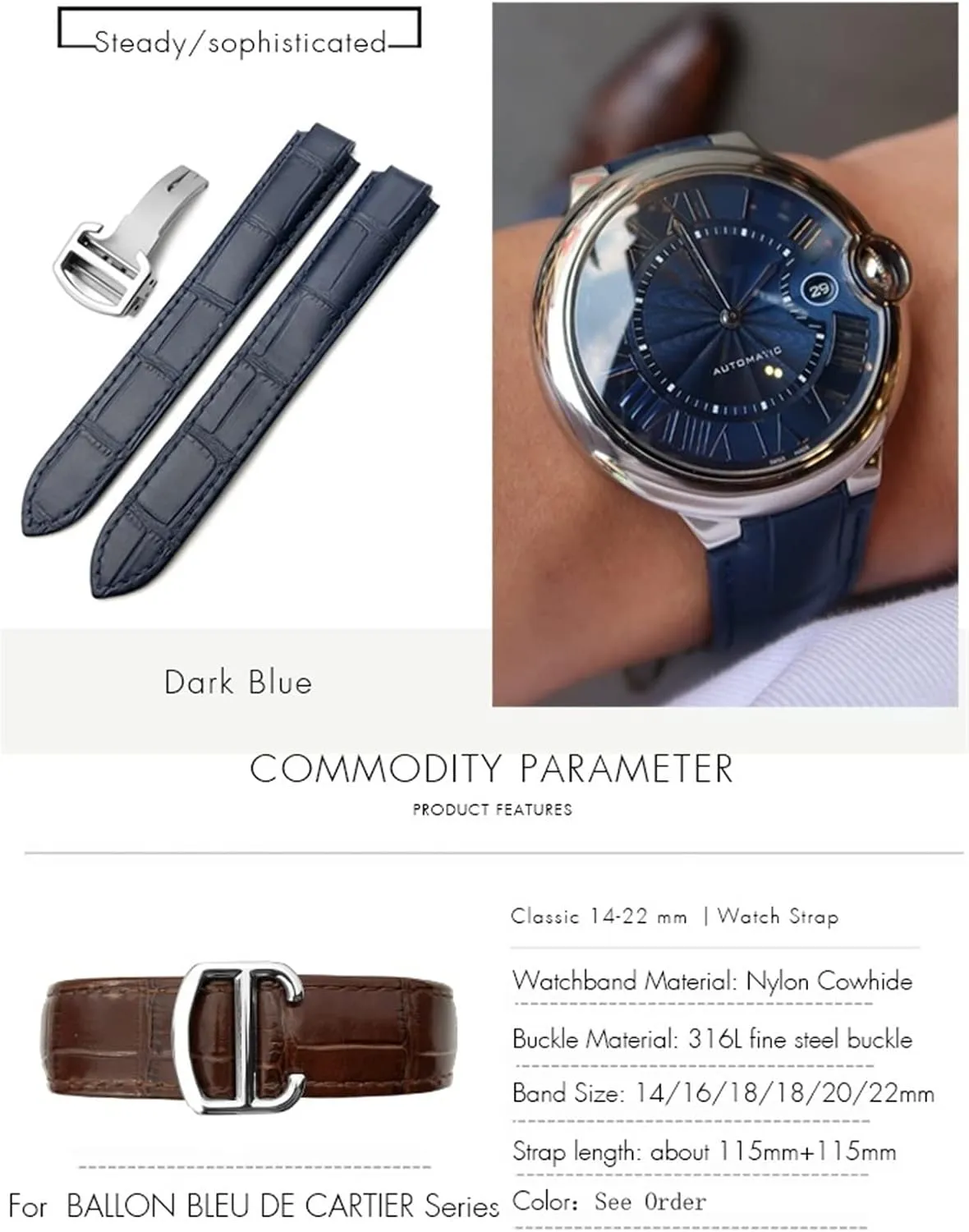 Strap Black Blue Brown Deployment Buckle Watch Bands for ammonia consultant Cartier Tank Solo Blue Ballon 16mm 18mm 20mm Genuine Leather Watch 