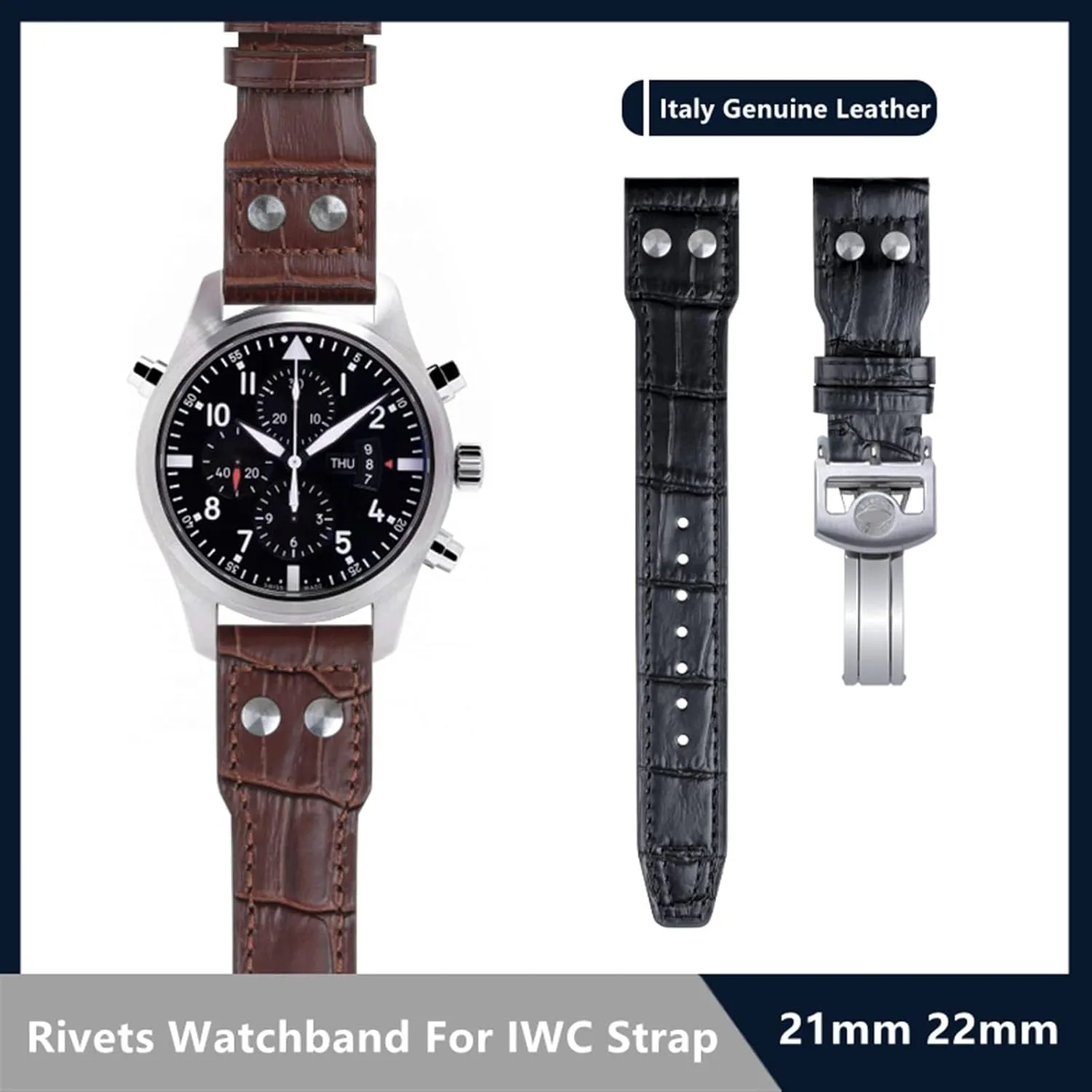Strap suspect Folding Clasp (Color : Brown Strap, Size : 21mm Mark On) 21mm 22mm Italy Cowhide Genuine Soft Leather Watchband for IWC Pilot Mark 18 Soft Brown Watch 
