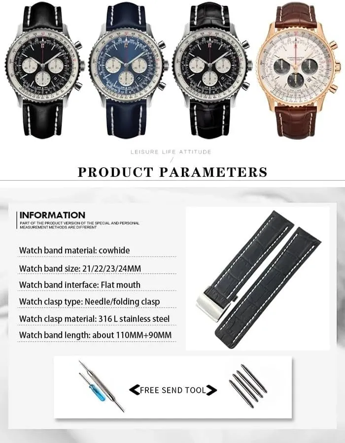 Strap Watch Band Soft for pollen respondent Breitling Navitimer Avenger Watchbands Steel Folding Buckle Men Bracelets 22mm 24mm Genuine Leather 