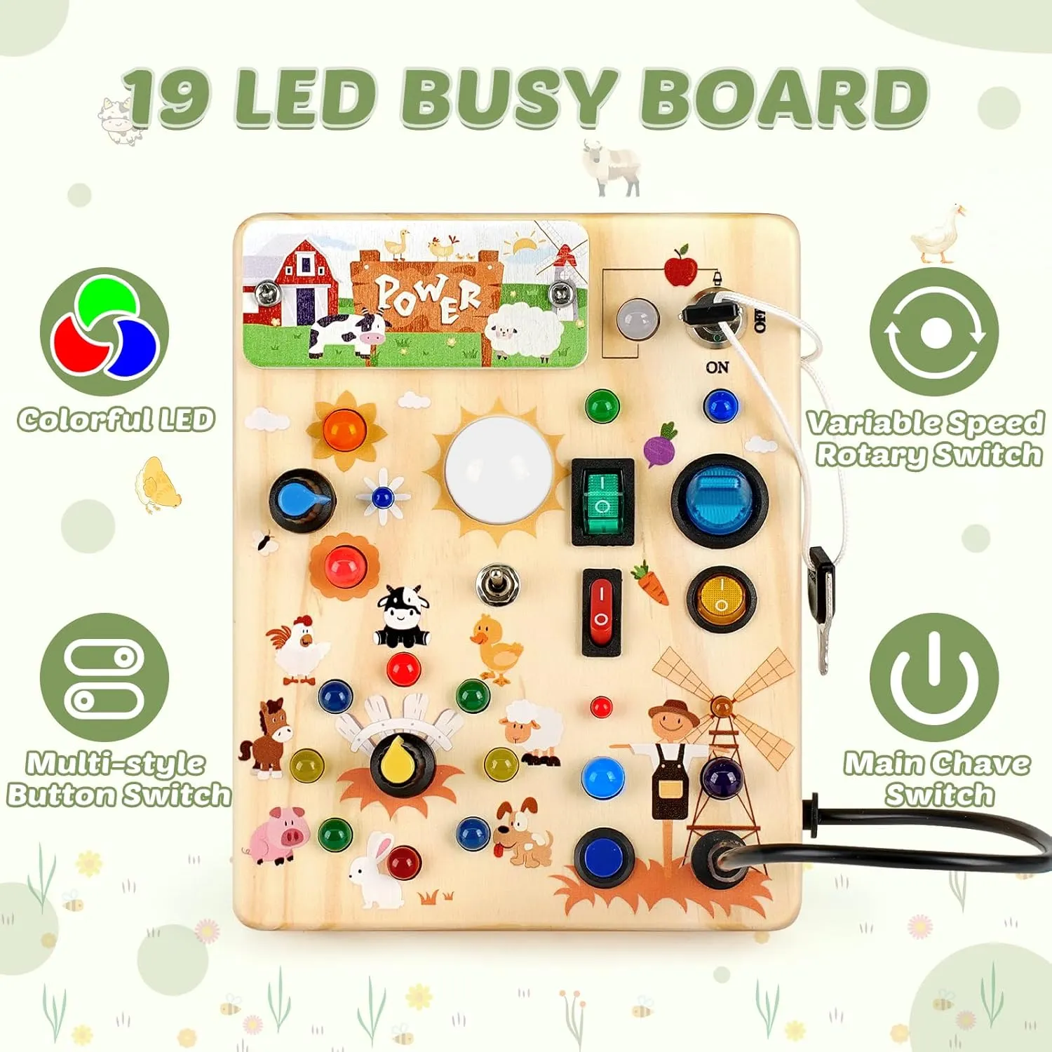 Toddler Toys$ Wooden Sensory Board$ Toddlers Activity Travel Toys for deviant freeze transitional cultivate Boy & Girl Birthday Gift (Farm Theme) Joyreal Wooden Busy Board with LED Light$ Montessori 