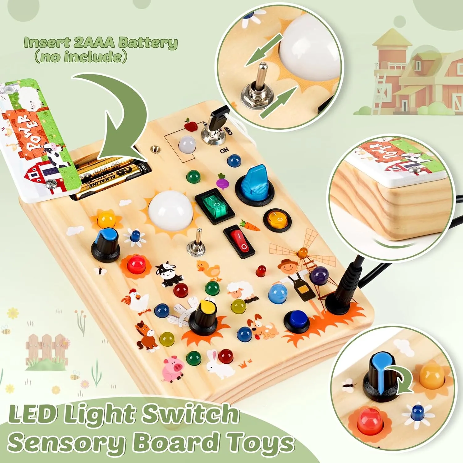 Toddler Toys$ Wooden Sensory Board$ Toddlers Activity Travel Toys for deviant freeze transitional cultivate Boy & Girl Birthday Gift (Farm Theme) Joyreal Wooden Busy Board with LED Light$ Montessori 
