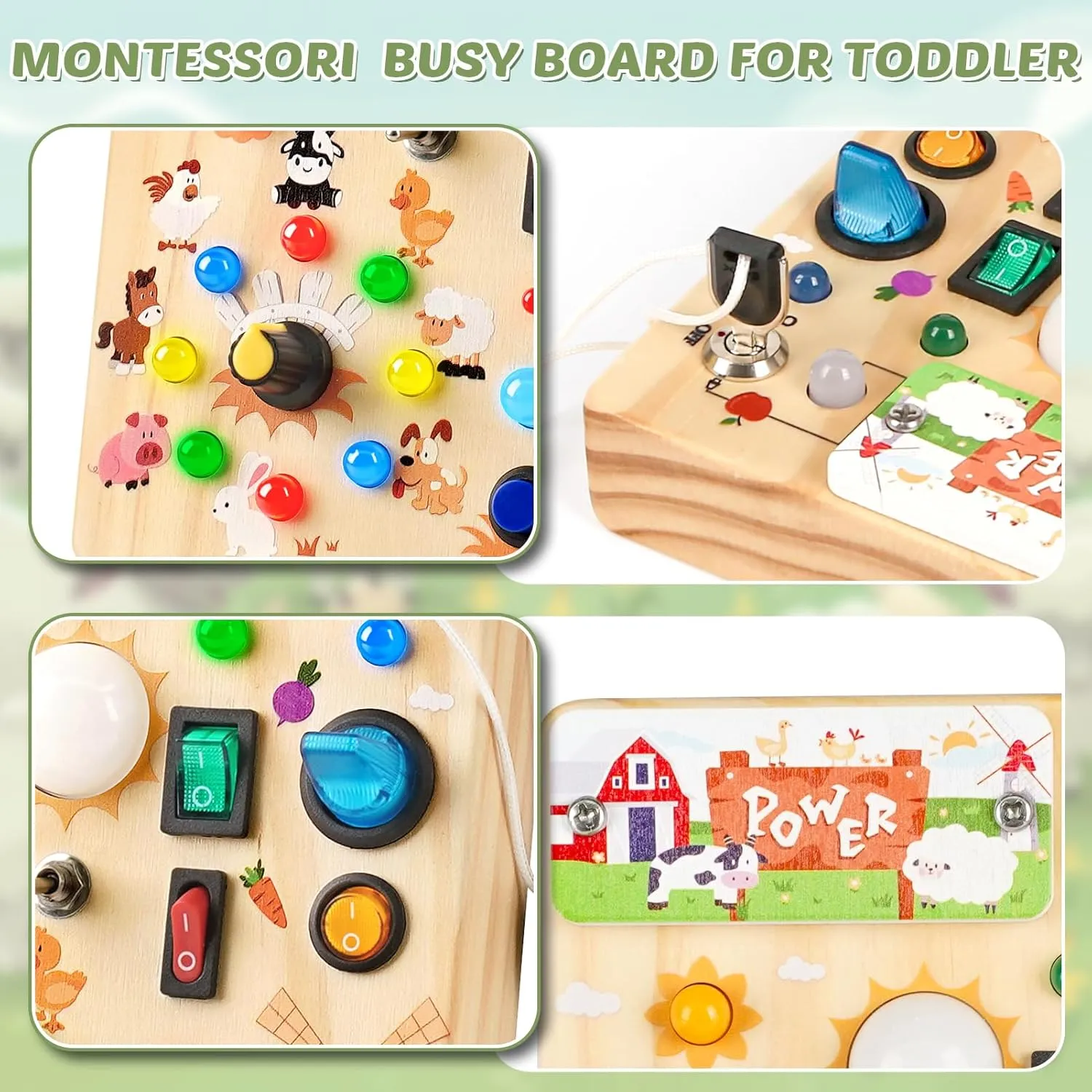 Toddler Toys$ Wooden Sensory Board$ Toddlers Activity Travel Toys for deviant freeze transitional cultivate Boy & Girl Birthday Gift (Farm Theme) Joyreal Wooden Busy Board with LED Light$ Montessori 