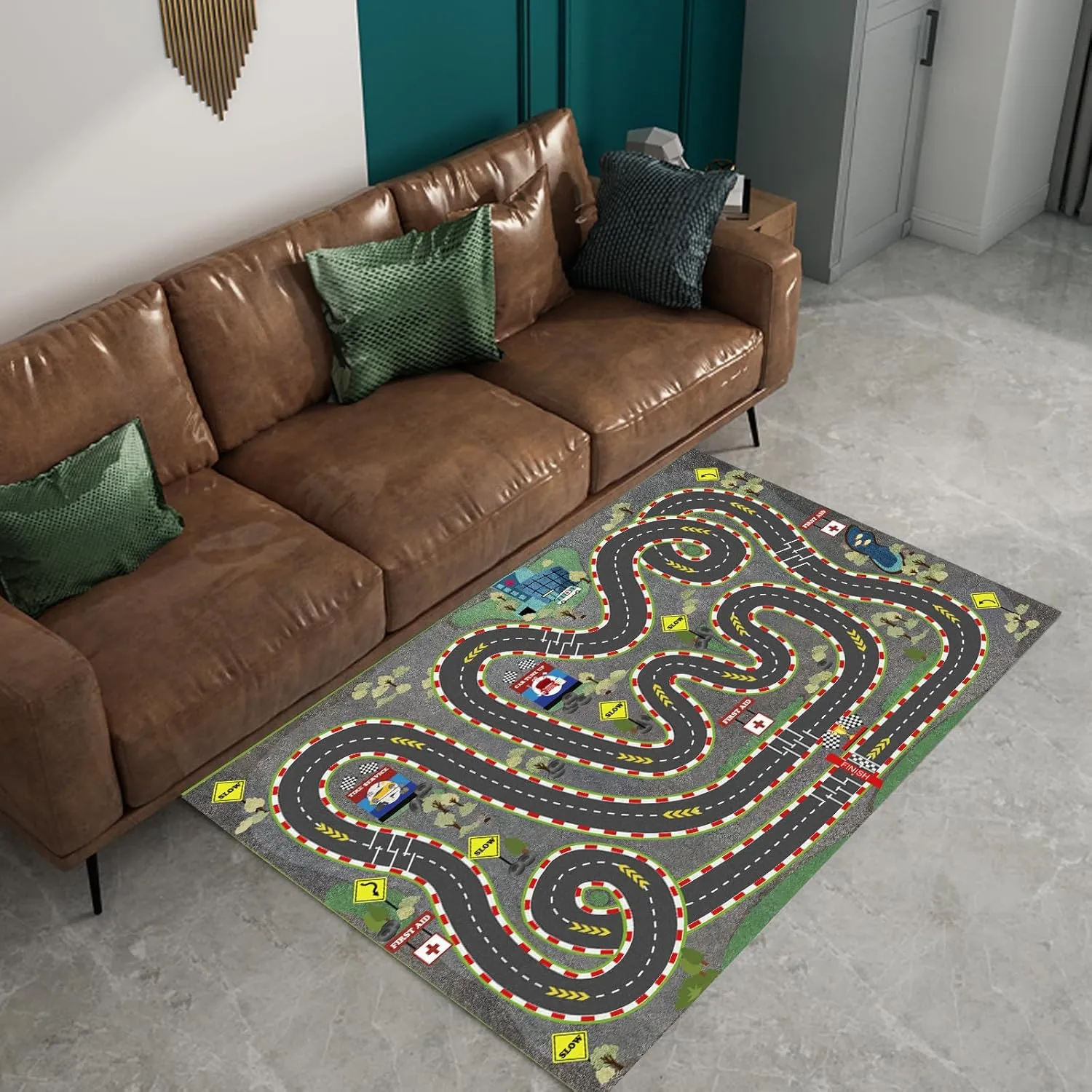 Toy Cars Play Mat City Life Road Rug for Cars Fun City Map for Carpet dwelling for Bedroom Boys (Wilderness Speed$ 47 * 70 inches) Kids Rug Car Rugs for Kids 