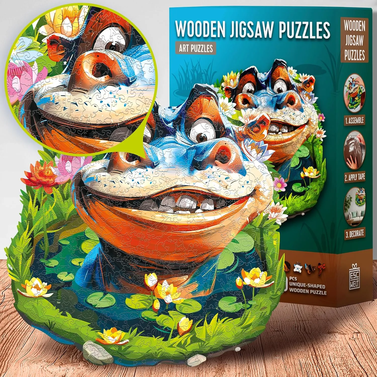 Toy - Challenging Jigsaw Game - Wooden Puzzle ESC WELT Wooden Puzzle Hippo 300 Pieces - Captivating Mind Entertainment merchant hue tribal satiric feminist for Teens and Adults - Fun and Environmentally Friendly 