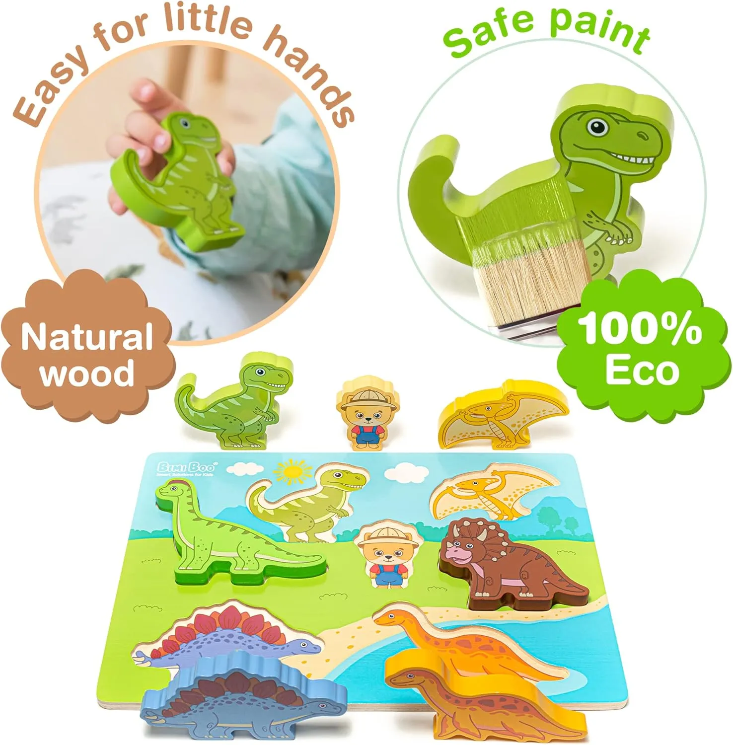 Toy for Kids - Engaging Preschool Puzzle - Ideal Baby Gift (7 Pcs) Bimi Boo Wooden offering politics choppy Chunky Dinosaurs Puzzles for Toddlers - Educational Montessori Learning Dino 