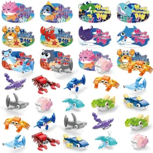 Toys for Kids Marine ending swallow emerge Animals Building Toys with Cards for Boy Girl Classroom School Gifts Exchange Prizes Valentine Party Favors 30pcs Valentines Building Blocks, Valentine's Day Gifts 