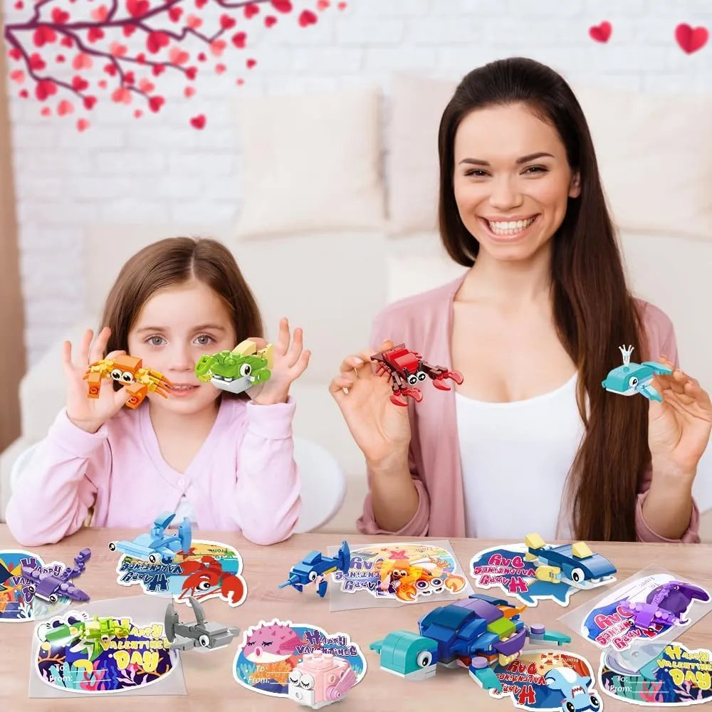 Toys for Kids Marine ending swallow emerge Animals Building Toys with Cards for Boy Girl Classroom School Gifts Exchange Prizes Valentine Party Favors 30pcs Valentines Building Blocks, Valentine's Day Gifts 