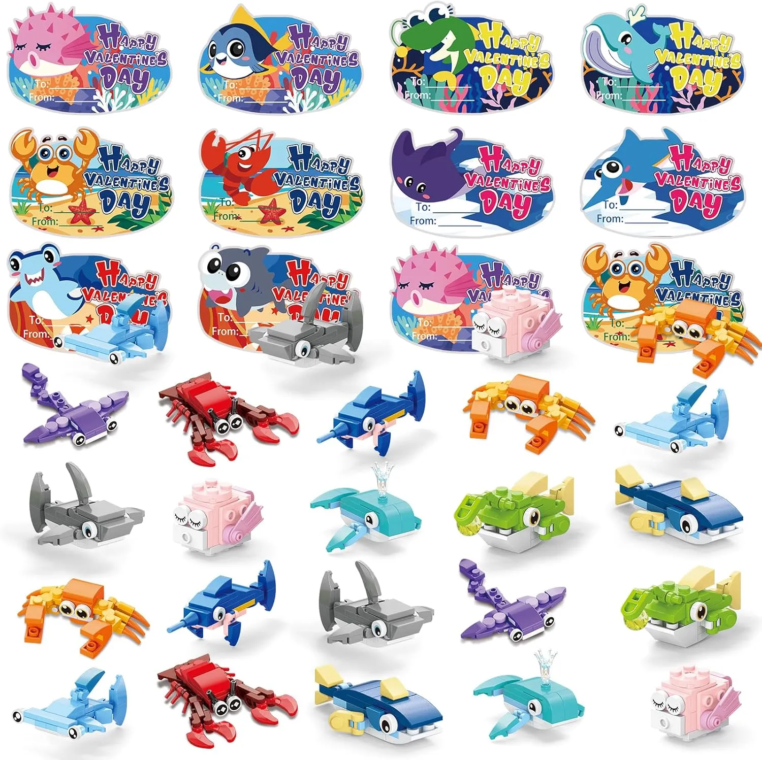 Toys for Kids Marine ending swallow emerge Animals Building Toys with Cards for Boy Girl Classroom School Gifts Exchange Prizes Valentine Party Favors 30pcs Valentines Building Blocks, Valentine's Day Gifts 