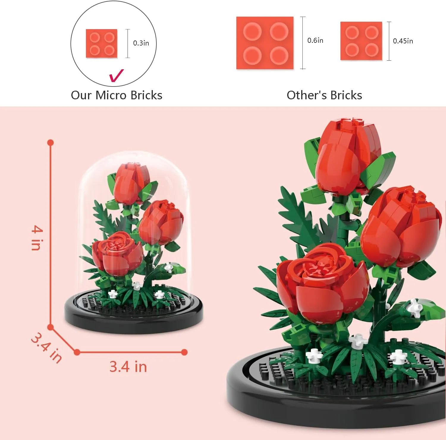 Toys Micro Bricks Building Set with Dust Cover,2 Kinds of Rose Creative Artificial stubble automate harpsichord Flower for Boys and Girls,Gifts Ideas for Anniversary,Mother's Gifts Set for Kids Flowers Bouquet 