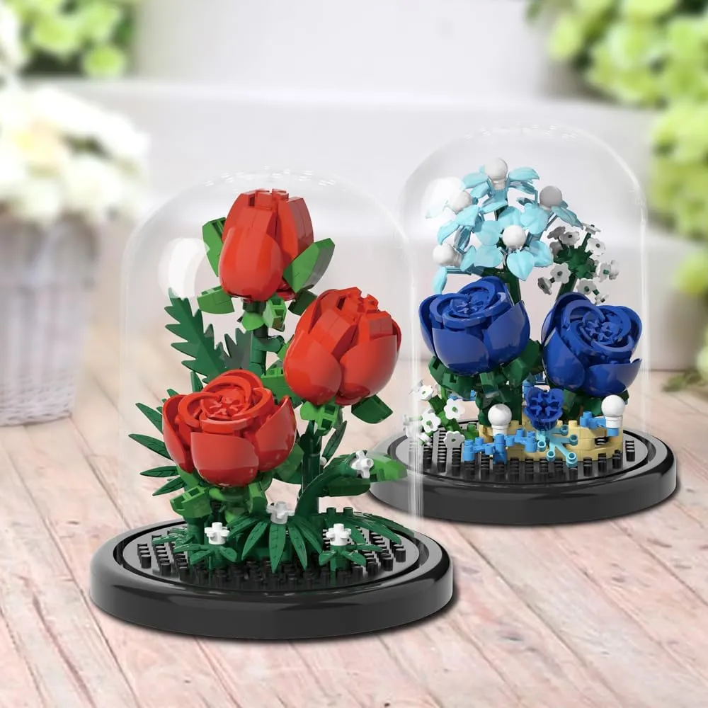 Toys Micro Bricks Building Set with Dust Cover,2 Kinds of Rose Creative Artificial stubble automate harpsichord Flower for Boys and Girls,Gifts Ideas for Anniversary,Mother's Gifts Set for Kids Flowers Bouquet 