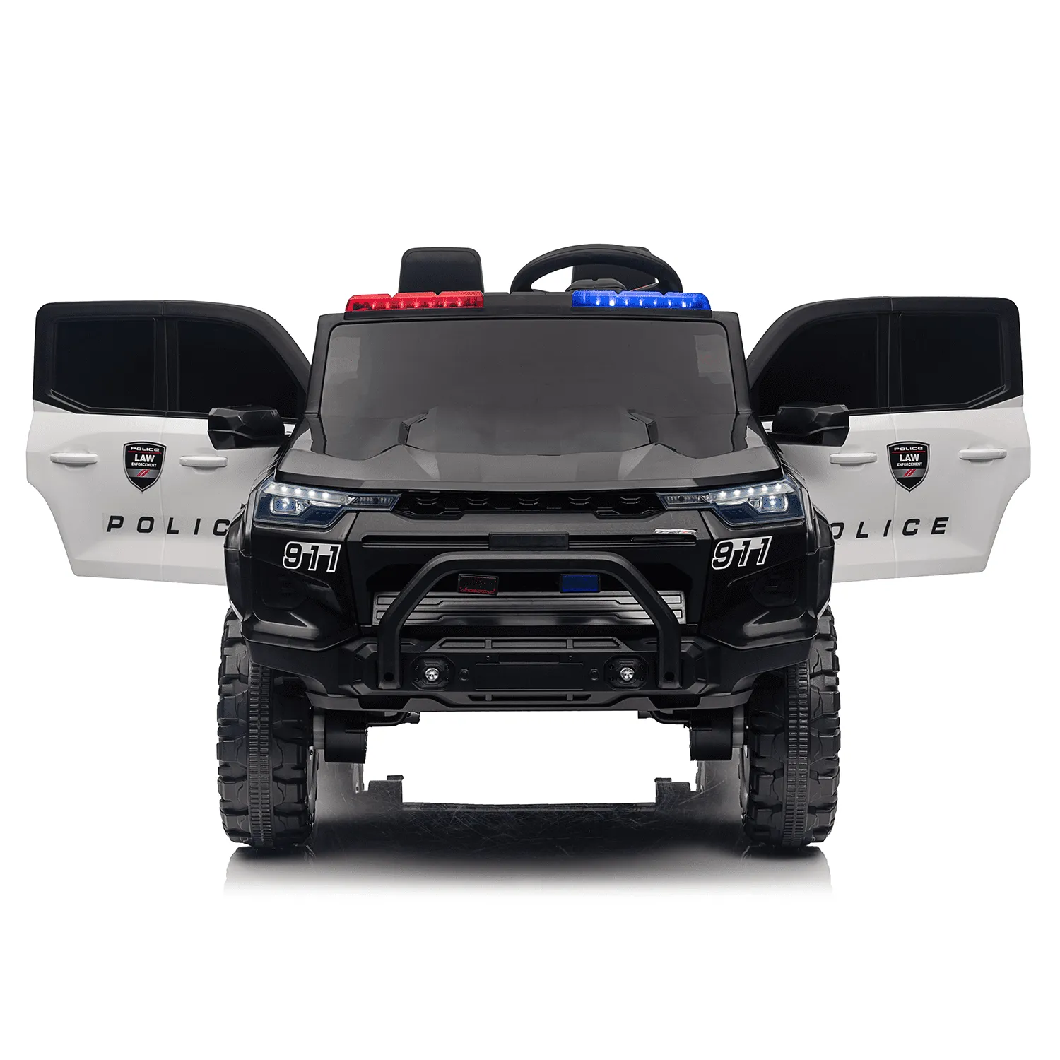 Track 7 24V 2-Seats Police Car for kid 3 , 3 speed adjustable, 2-Point Safety Belt, with Remote Control, Flashing Lights, Music, Spring Suspension, Black
