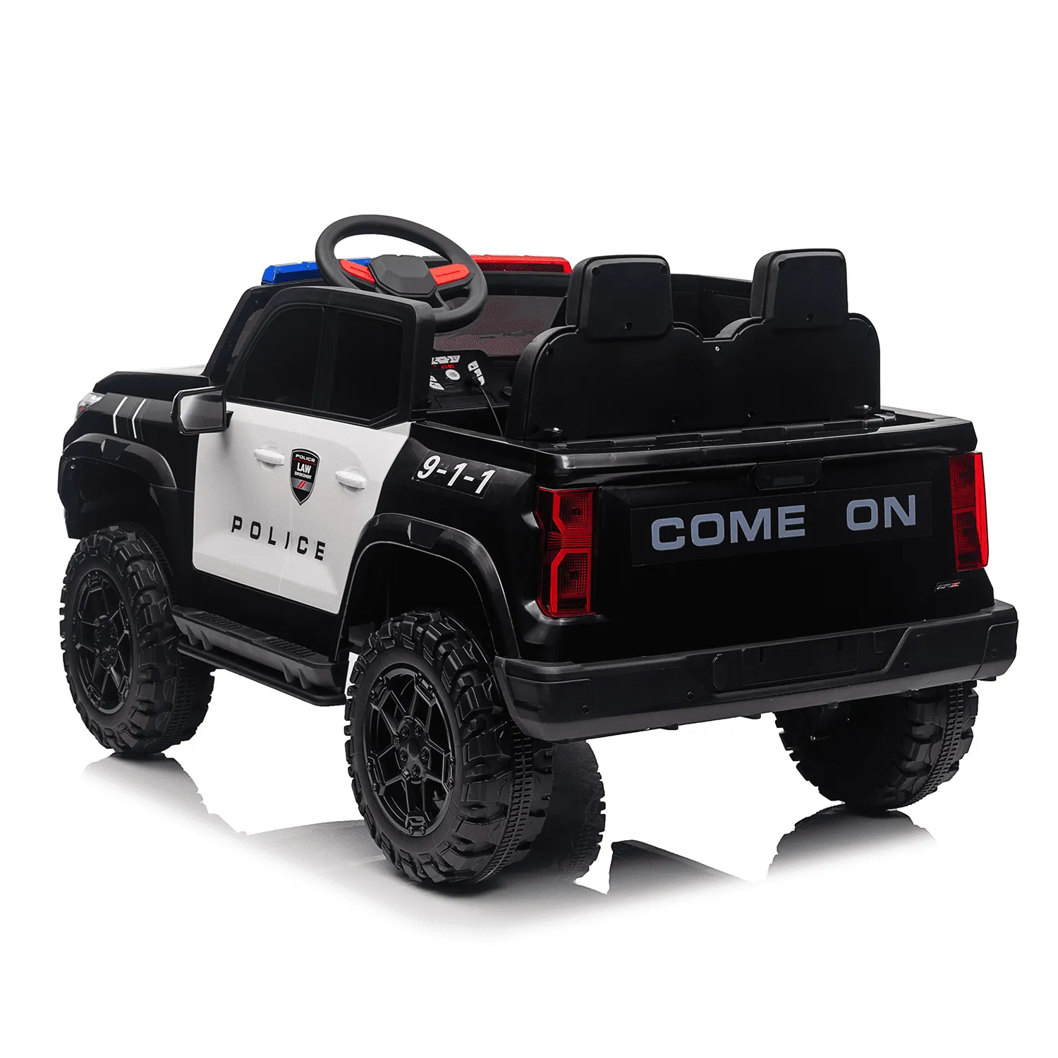 Track 7 24V 2-Seats Police Car for kid 3 , 3 speed adjustable, 2-Point Safety Belt, with Remote Control, Flashing Lights, Music, Spring Suspension, Black