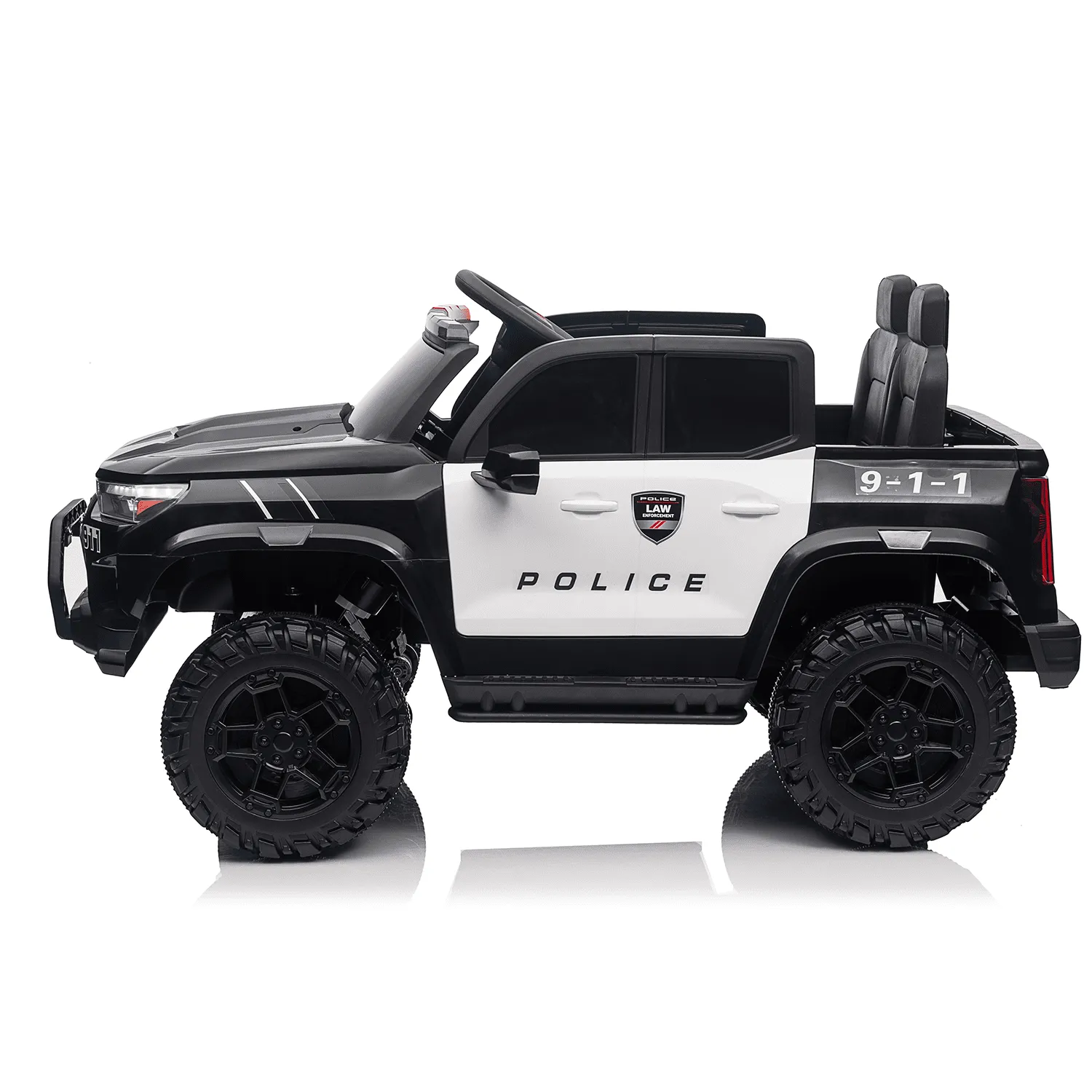 Track 7 24V 2-Seats Police Car for kid 3 , 3 speed adjustable, 2-Point Safety Belt, with Remote Control, Flashing Lights, Music, Spring Suspension, Black