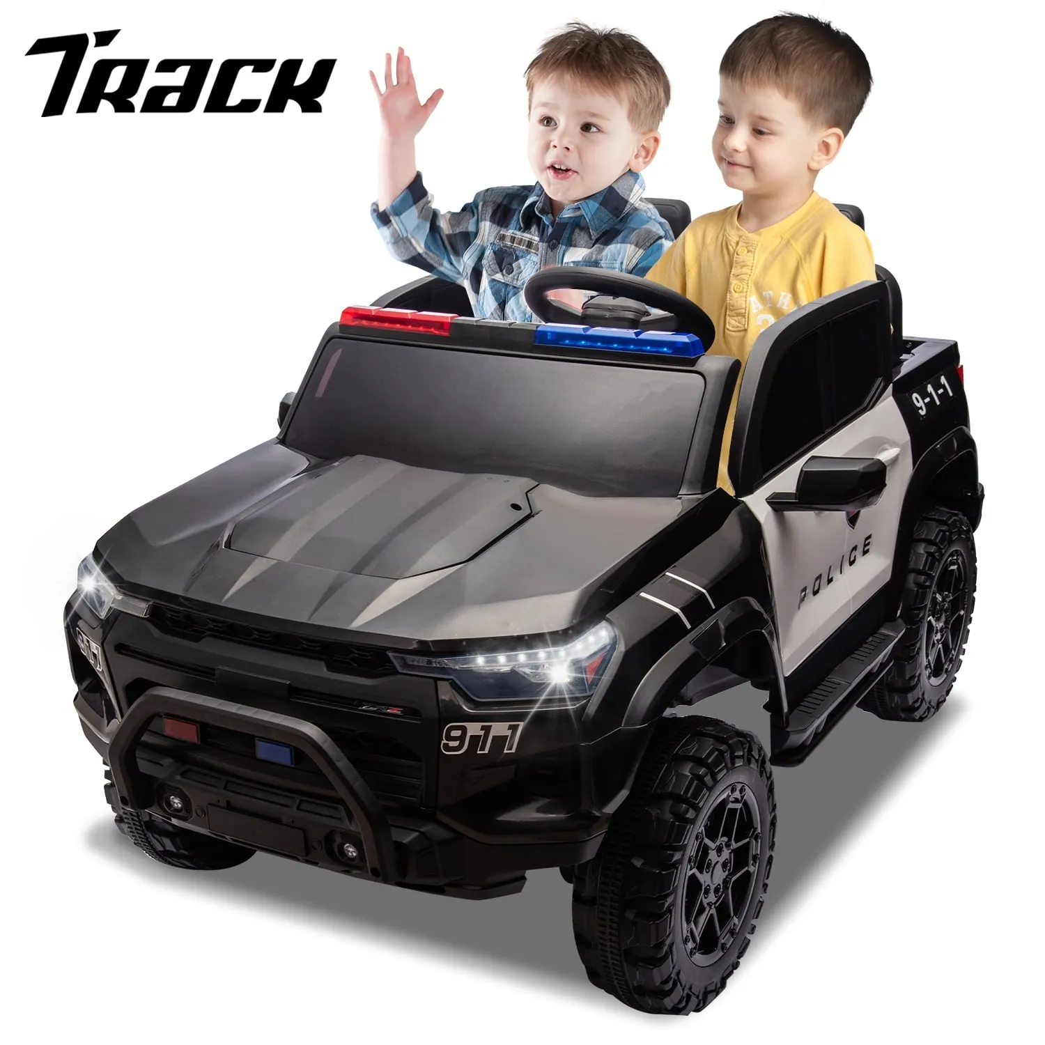 Track 7 24V Ride on Car, 2-Seater Kids Ride on Pickup Police Car with Remote Control, Bluetooth, 4 x 200W Motor Electric Car, 3 speeds, LED Lights, Spring Suspension, Pink