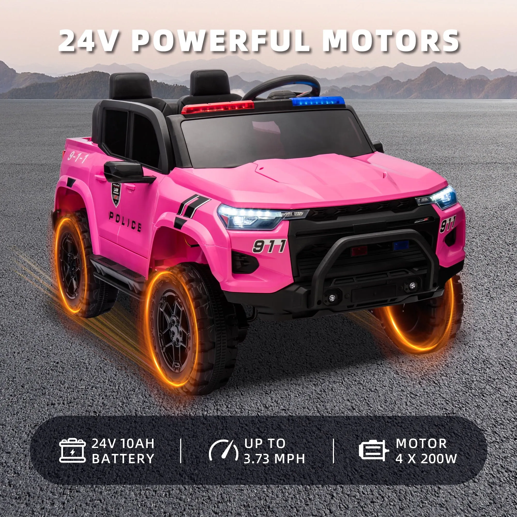 Track 7 24V Ride on Car, 2-Seater Kids Ride on Pickup Police Car with Remote Control, Bluetooth, 4 x 200W Motor Electric Car, 3 speeds, LED Lights, Spring Suspension, Pink