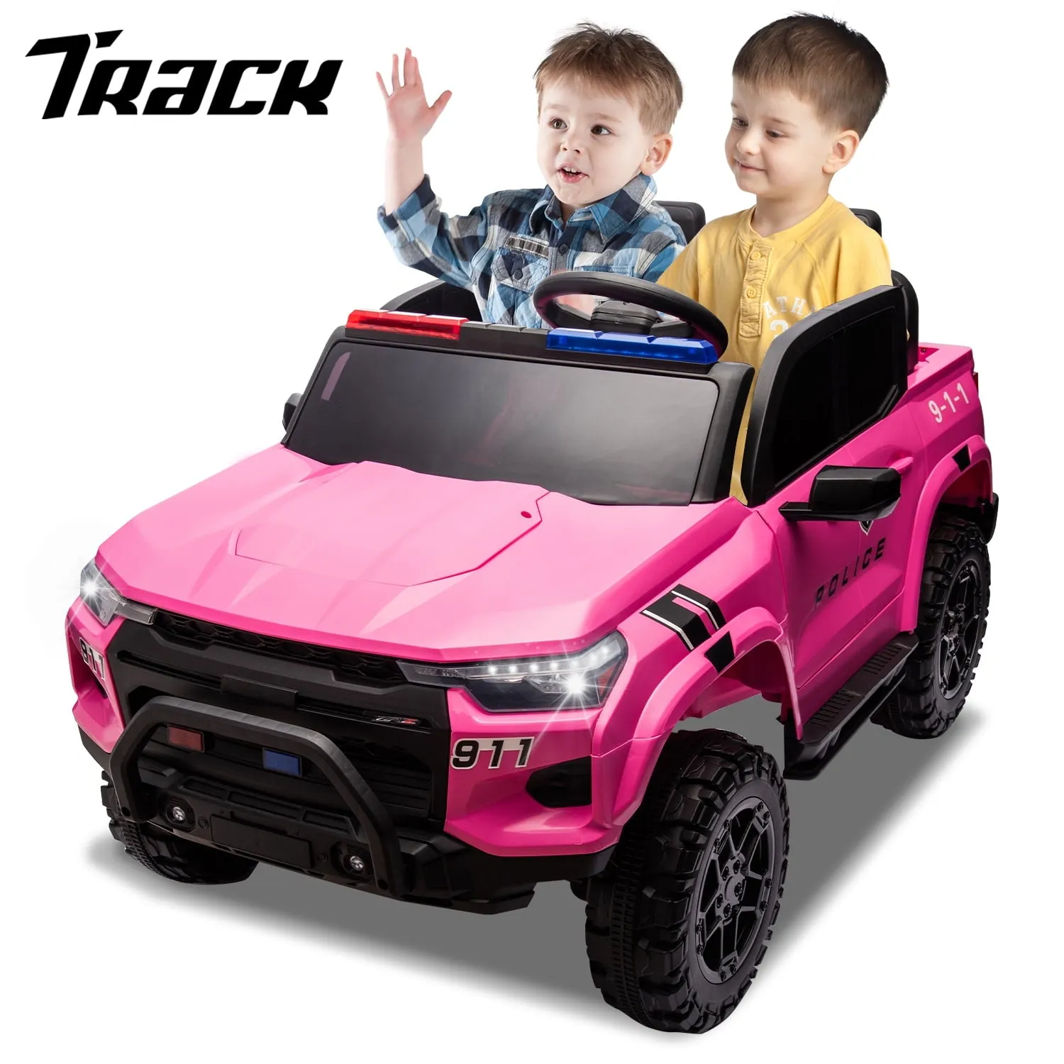 Track 7 24V Ride on Car, 2-Seater Kids Ride on Pickup Police Car with Remote Control, Bluetooth, 4 x 200W Motor Electric Car, 3 speeds, LED Lights, Spring Suspension, Pink