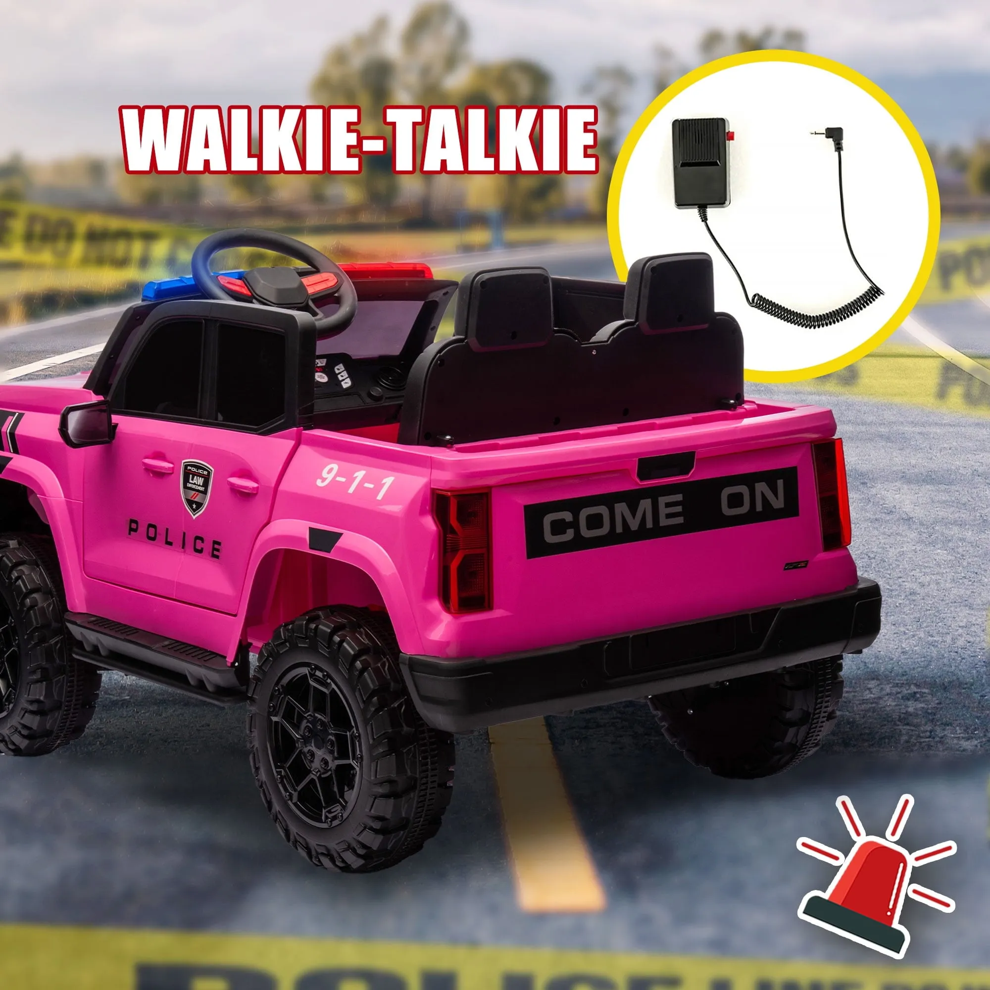 Track 7 24V Ride on Car, 2-Seater Kids Ride on Pickup Police Car with Remote Control, Bluetooth, 4 x 200W Motor Electric Car, 3 speeds, LED Lights, Spring Suspension, Pink