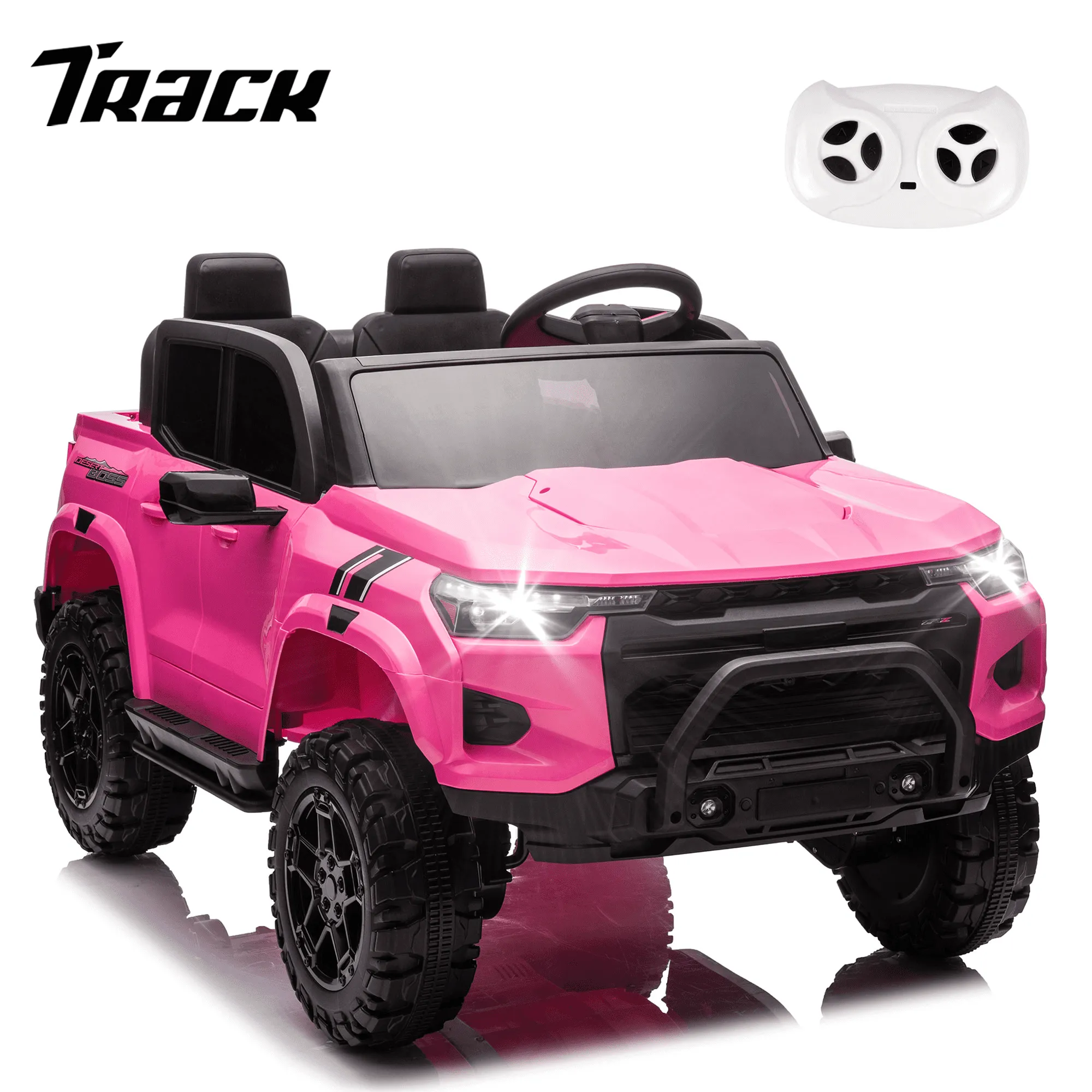 Track 7 24V Ride on Car, 2-Seater Kids Ride on Pickup Police Car with Remote Control, Bluetooth, 4 x 200W Motor Electric Car, 3 speeds, LED Lights, Spring Suspension, Pink