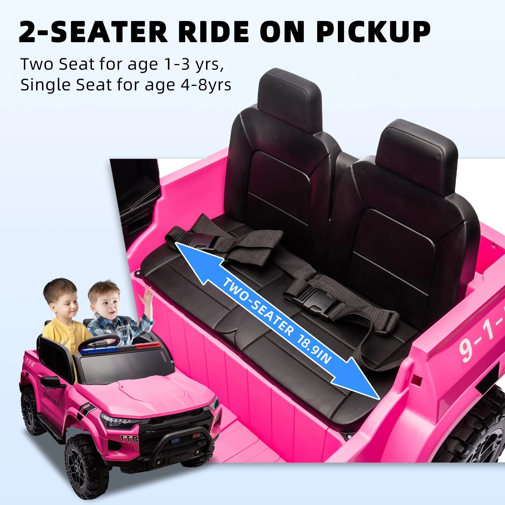 Track 7 24V Ride on Car, 2-Seater Kids Ride on Pickup Police Car with Remote Control, Bluetooth, 4 x 200W Motor Electric Car, 3 speeds, LED Lights, Spring Suspension, Pink