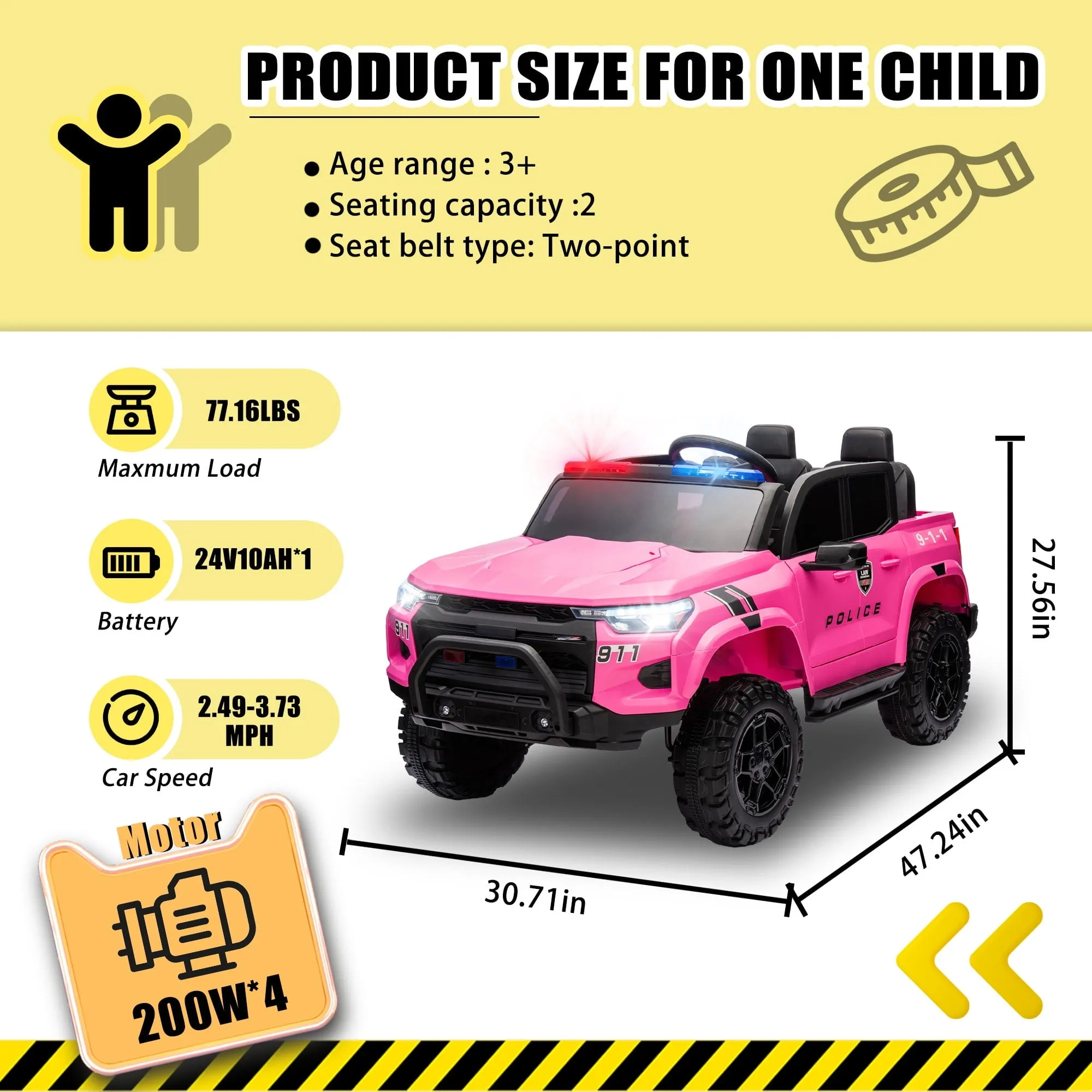 Track 7 24V Ride on Car, 2-Seater Kids Ride on Pickup Police Car with Remote Control, Bluetooth, 4 x 200W Motor Electric Car, 3 speeds, LED Lights, Spring Suspension, Pink