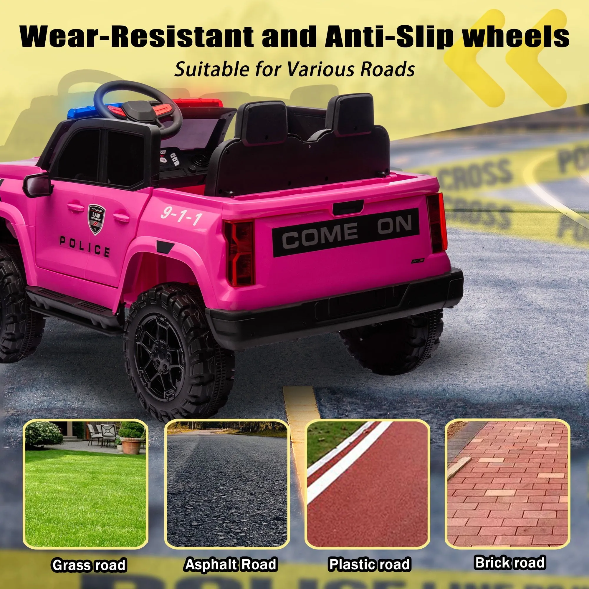 Track 7 24V Ride on Car, 2-Seater Kids Ride on Pickup Police Car with Remote Control, Bluetooth, 4 x 200W Motor Electric Car, 3 speeds, LED Lights, Spring Suspension, Pink