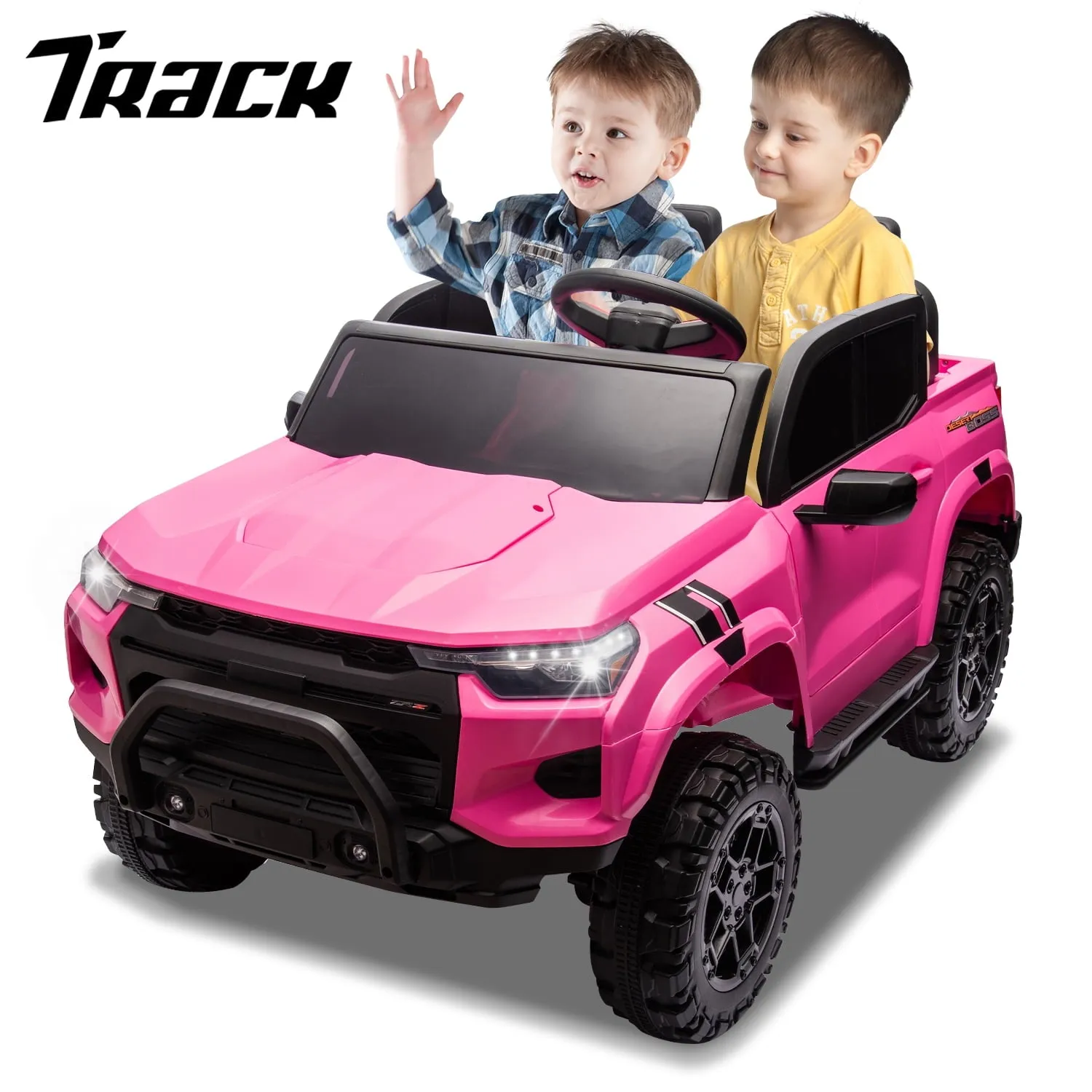 Track 7 24V Ride on Car, 2-Seater Kids Ride on Pickup Police Car with Remote Control, Bluetooth, 4 x 200W Motor Electric Car, 3 speeds, LED Lights, Spring Suspension, Pink
