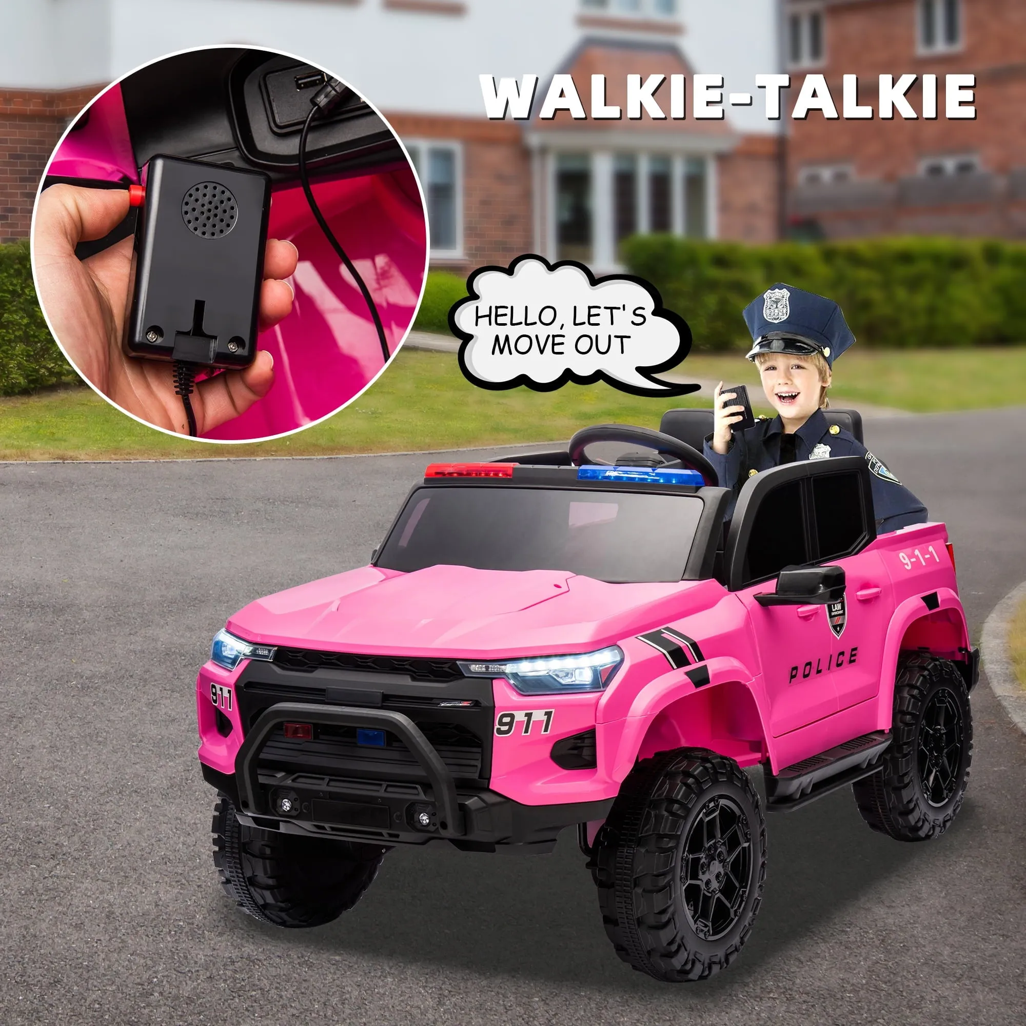 Track 7 24V Ride on Car, 2-Seater Kids Ride on Pickup Police Car with Remote Control, Bluetooth, 4 x 200W Motor Electric Car, 3 speeds, LED Lights, Spring Suspension, Pink