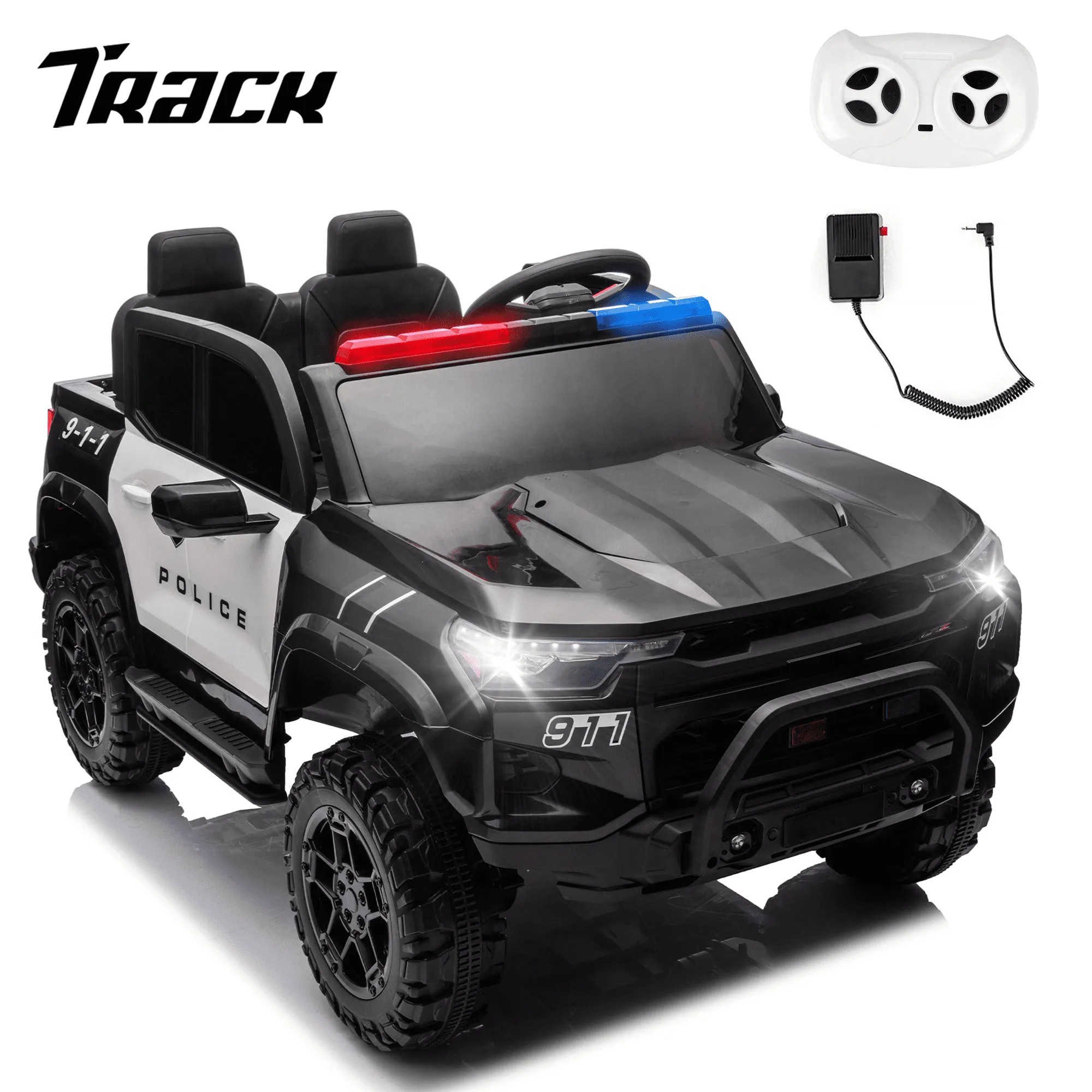Track 7 24V Ride on Car, 2-Seater Kids Ride on Pickup Police Car with Remote Control, Bluetooth, 4 x 200W Motor Electric Car, 3 speeds, LED Lights, Spring Suspension, Pink