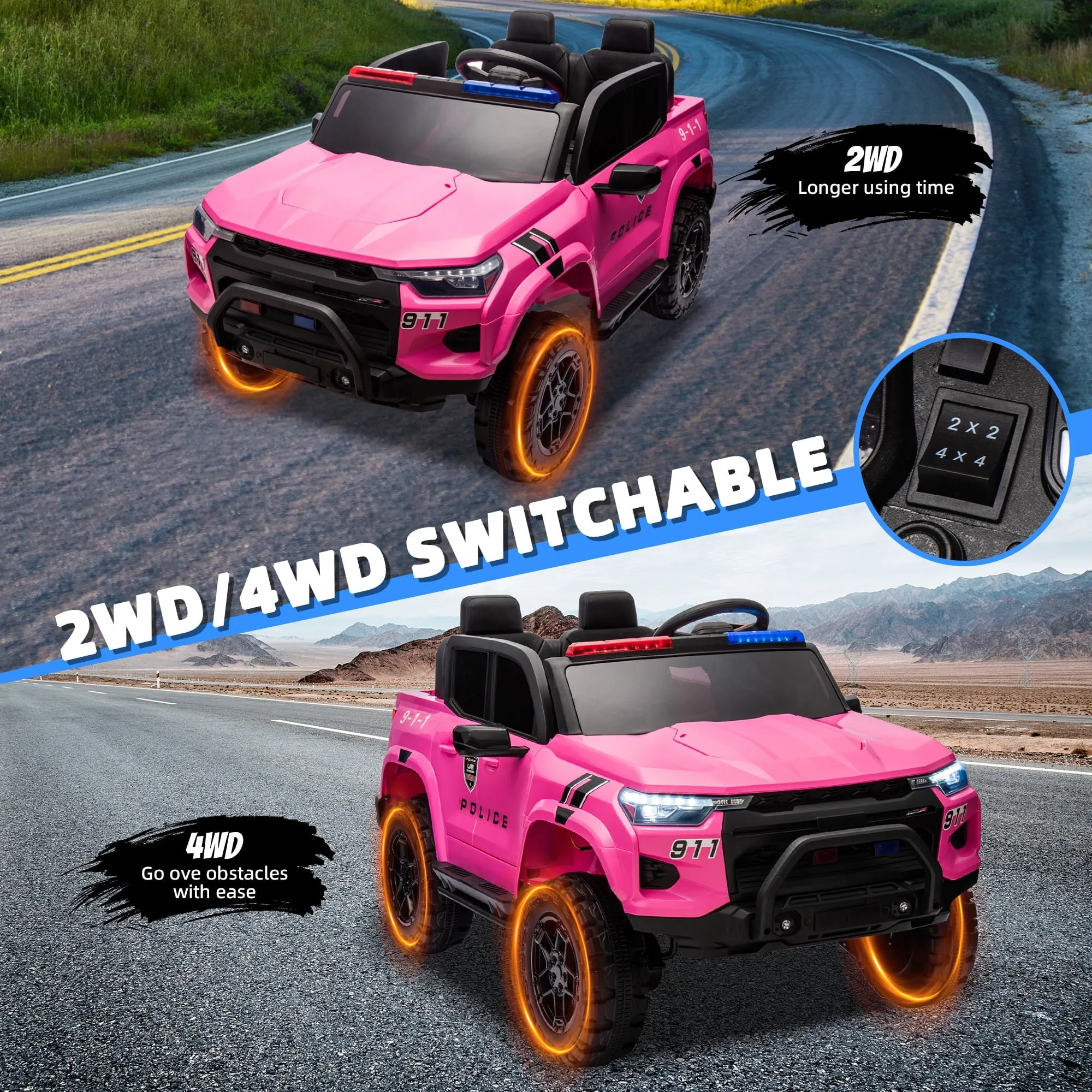 Track 7 24V Ride on Car, 2-Seater Kids Ride on Pickup Police Car with Remote Control, Bluetooth, 4 x 200W Motor Electric Car, 3 speeds, LED Lights, Spring Suspension, Pink