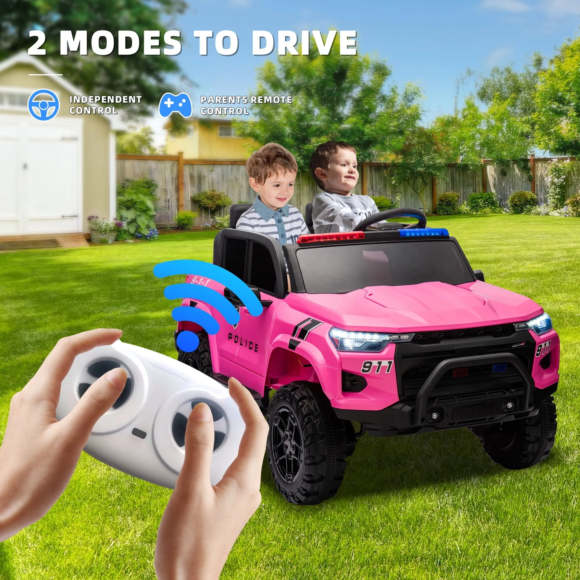 Track 7 24V Ride on Car, 2-Seater Kids Ride on Pickup Police Car with Remote Control, Bluetooth, 4 x 200W Motor Electric Car, 3 speeds, LED Lights, Spring Suspension, Pink