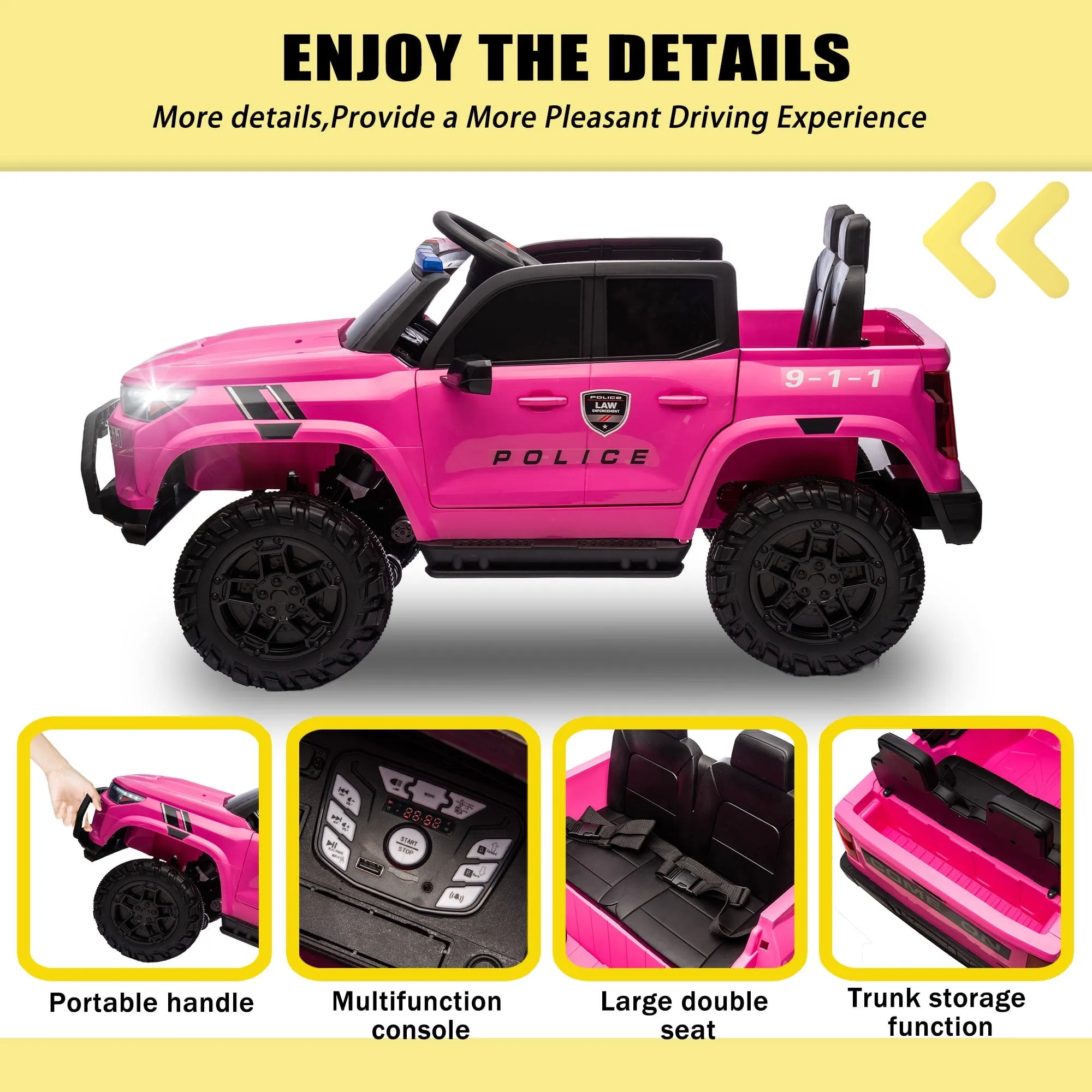 Track 7 24V Ride on Car, 2-Seater Kids Ride on Pickup Police Car with Remote Control, Bluetooth, 4 x 200W Motor Electric Car, 3 speeds, LED Lights, Spring Suspension, Pink