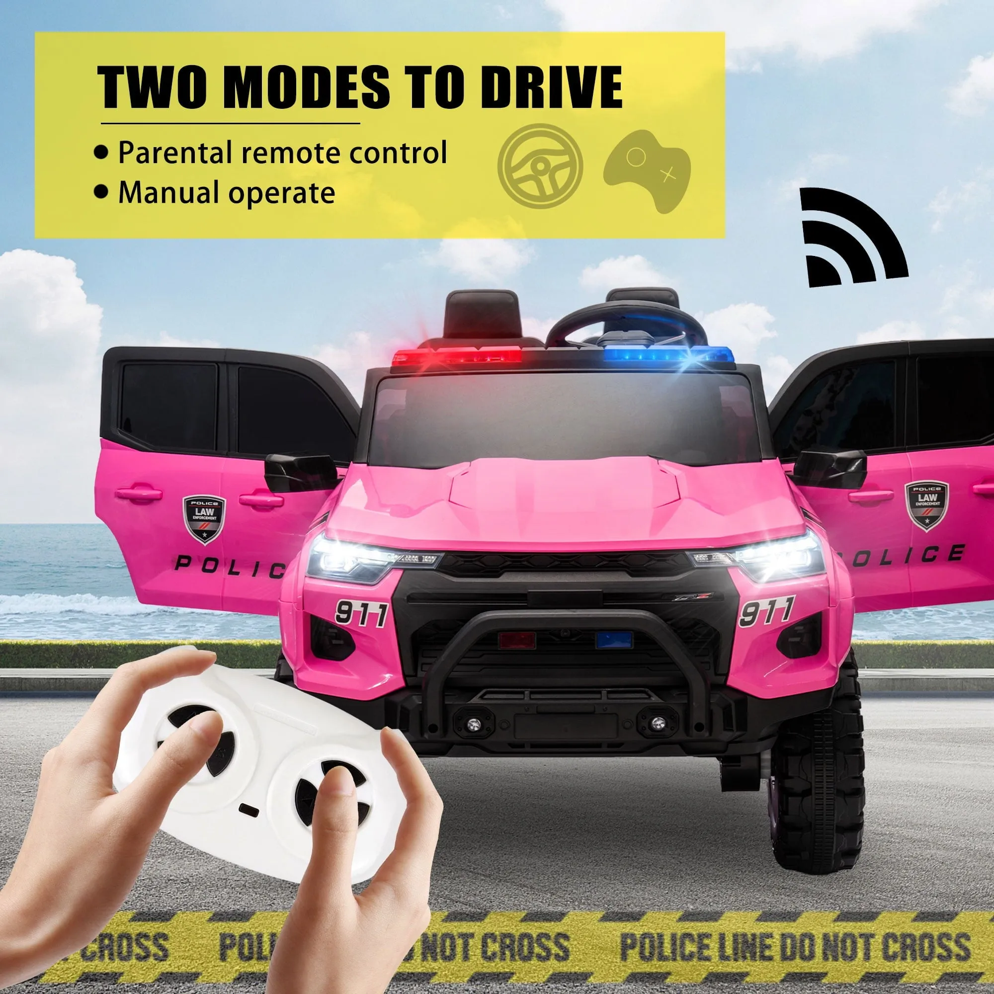 Track 7 24V Ride on Car, 2-Seater Kids Ride on Pickup Police Car with Remote Control, Bluetooth, 4 x 200W Motor Electric Car, 3 speeds, LED Lights, Spring Suspension, Pink