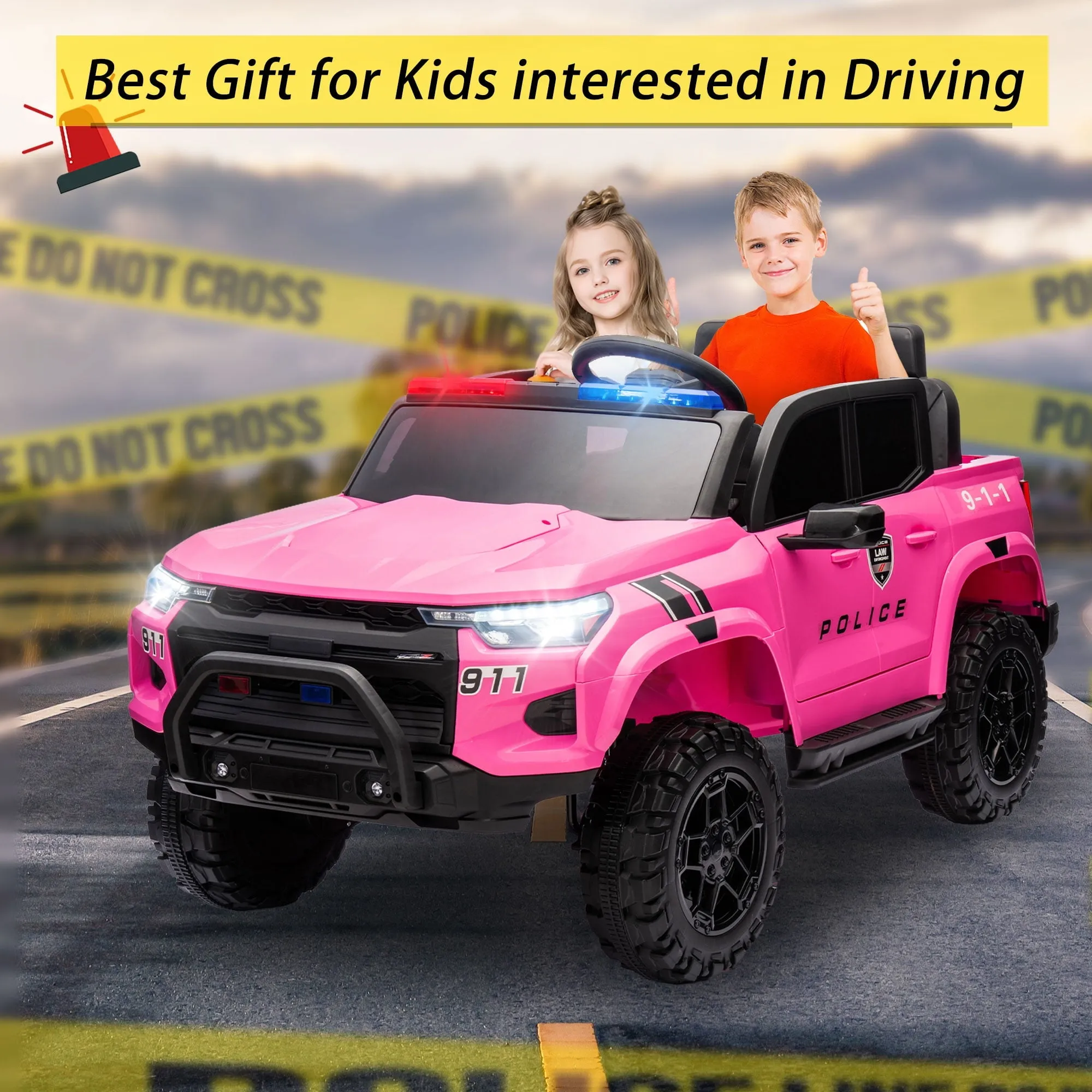 Track 7 24V Ride on Car, 2-Seater Kids Ride on Pickup Police Car with Remote Control, Bluetooth, 4 x 200W Motor Electric Car, 3 speeds, LED Lights, Spring Suspension, Pink