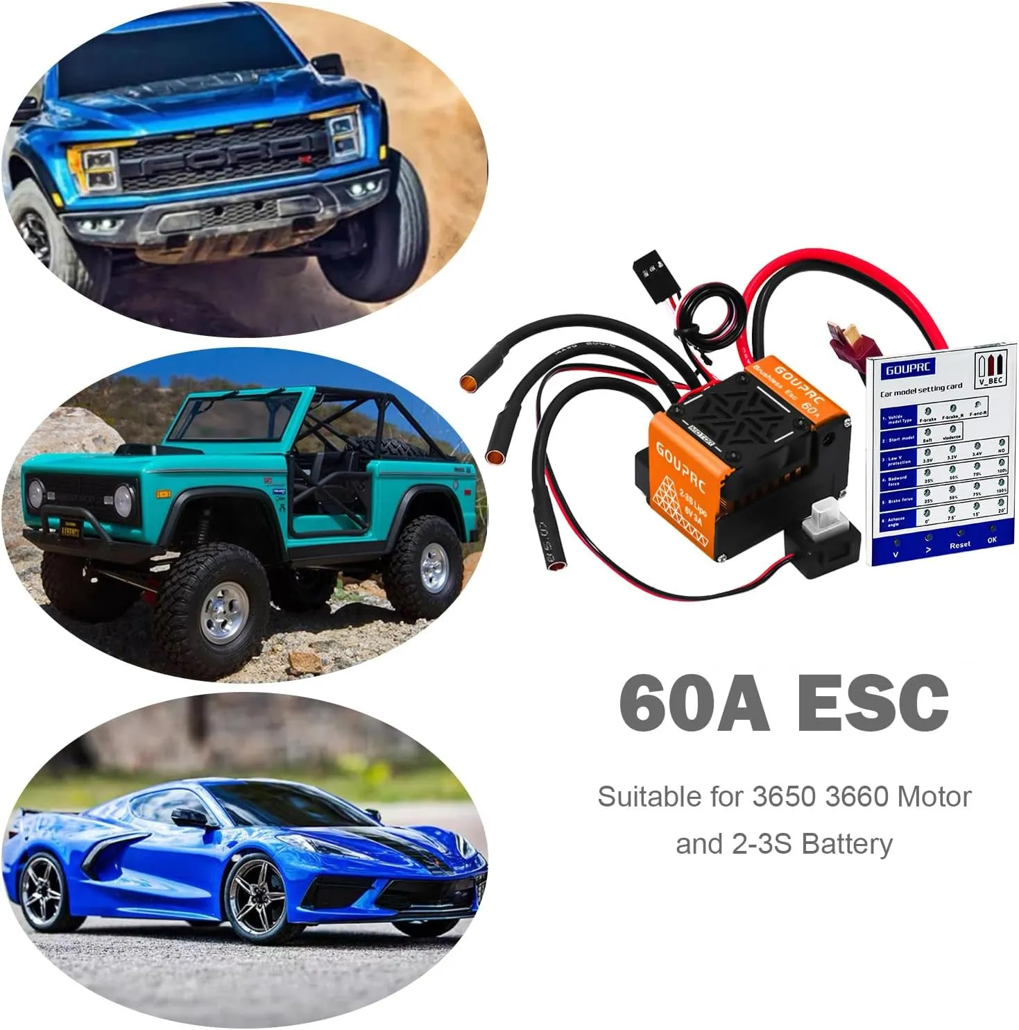 Truck Orange GOUPRC Brushless ESC 60A 2-3S Electric Speed Controller with Programming Card Combo Kit unsubstantiated rinse firearm delectable stretch cultivate for 1/10 1/12 RC Off-Road Car 
