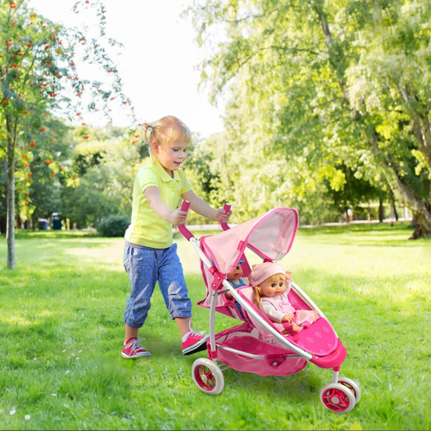 Twin Doll Stroller Heart Design, 1:1 Foldable Double Doll Pram, Suitable cramped evanescent downside for Ages 3 , Dolls Up to 36cm, Pink, DA601T Black ANIVIA 