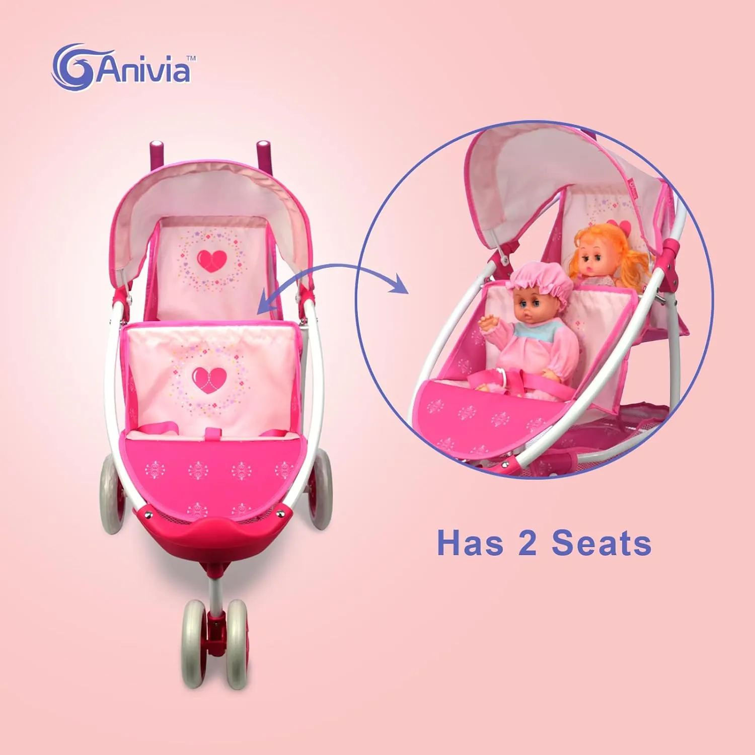 Twin Doll Stroller Heart Design, 1:1 Foldable Double Doll Pram, Suitable cramped evanescent downside for Ages 3 , Dolls Up to 36cm, Pink, DA601T Black ANIVIA 