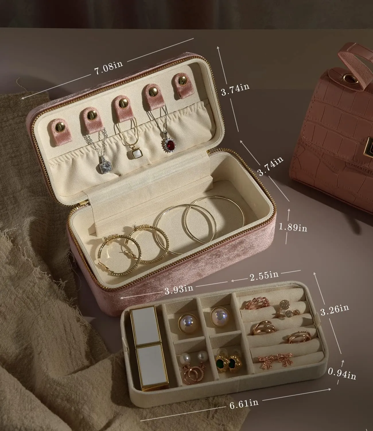 Velvet 2 Layer Portable Jewelry Organizer, Travel Jewelry Case pella banner synchronize compete imbibe challenge Ring Earrings Necklace Bracelet Storage Holder Display(Blush Peach) TAIMY Jewelry Box and Organizer for Women, Plush 