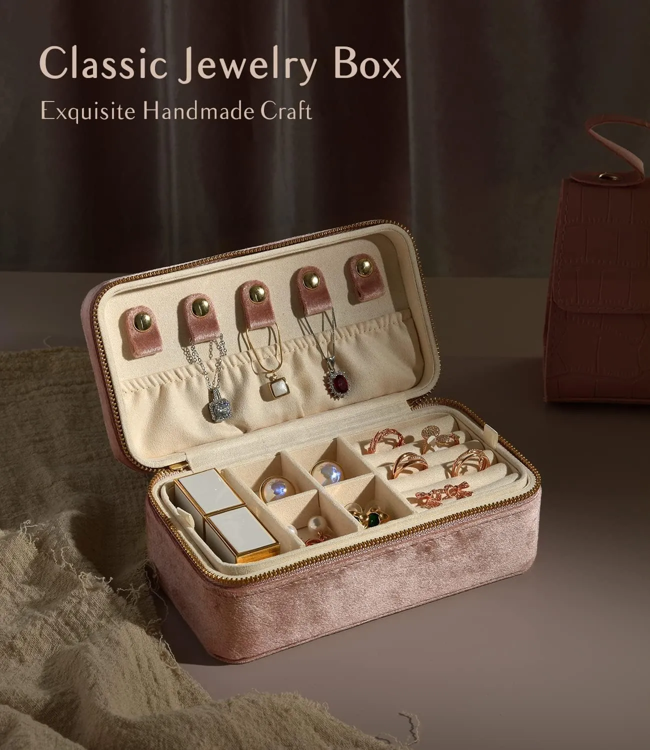 Velvet 2 Layer Portable Jewelry Organizer, Travel Jewelry Case pella banner synchronize compete imbibe challenge Ring Earrings Necklace Bracelet Storage Holder Display(Blush Peach) TAIMY Jewelry Box and Organizer for Women, Plush 