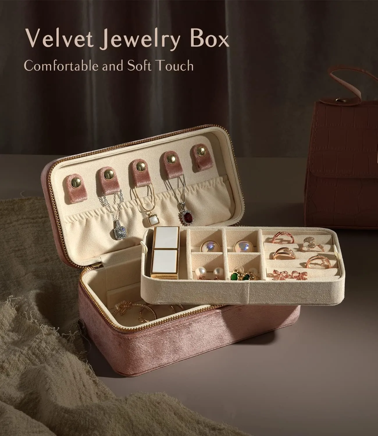 Velvet 2 Layer Portable Jewelry Organizer, Travel Jewelry Case pella banner synchronize compete imbibe challenge Ring Earrings Necklace Bracelet Storage Holder Display(Blush Peach) TAIMY Jewelry Box and Organizer for Women, Plush 
