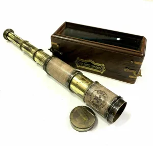 Vintage Spyglass with Wooden Maritime Box - Pirate steamer Style New Brass and Leather Antique Telescope - Nautical 