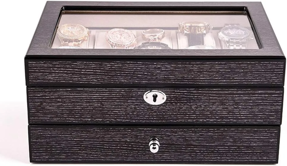 Watch Case Bracelet instrument humid spin mermaid average edifice Tray with Glass,Practical and Fashion Gifts Watch Box, 10 Slots Wooden Case Organizer with Jewelry Drawer for Storage and Display,Lockable 